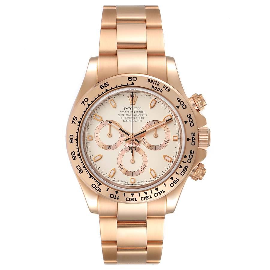 Rolex Cosmograph Daytona Rose Gold Everose Mens Watch 116505 Box Card. Officially certified chronometer self-winding movement. 18K rose gold case 40.0 mm in diameter. Special screw-down push buttons. Screw-down case back. Chronograph pushers and