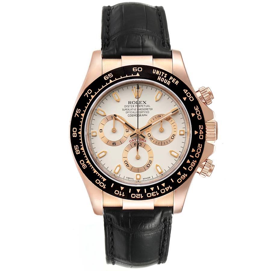 Rolex Cosmograph Daytona Rose Gold Everose Mens Watch 116515. Officially certified chronometer self-winding movement. 18K rose gold case 40.0 mm in diameter. Special screw-down push buttons. Screw-down case back. Chronograph pushers and crown with