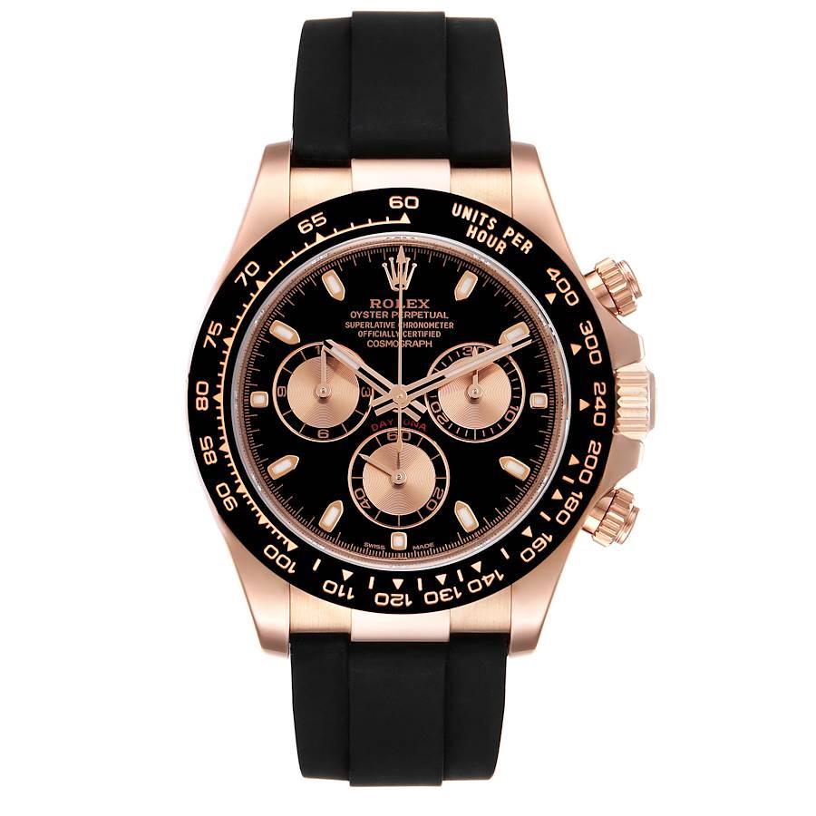 Rolex Cosmograph Daytona Rose Gold Everose Mens Watch 116515. Officially certified chronometer self-winding movement. 18K rose gold case 40.0 mm in diameter. Special screw-down push buttons. Screw-down case back. Chronograph pushers and crown with