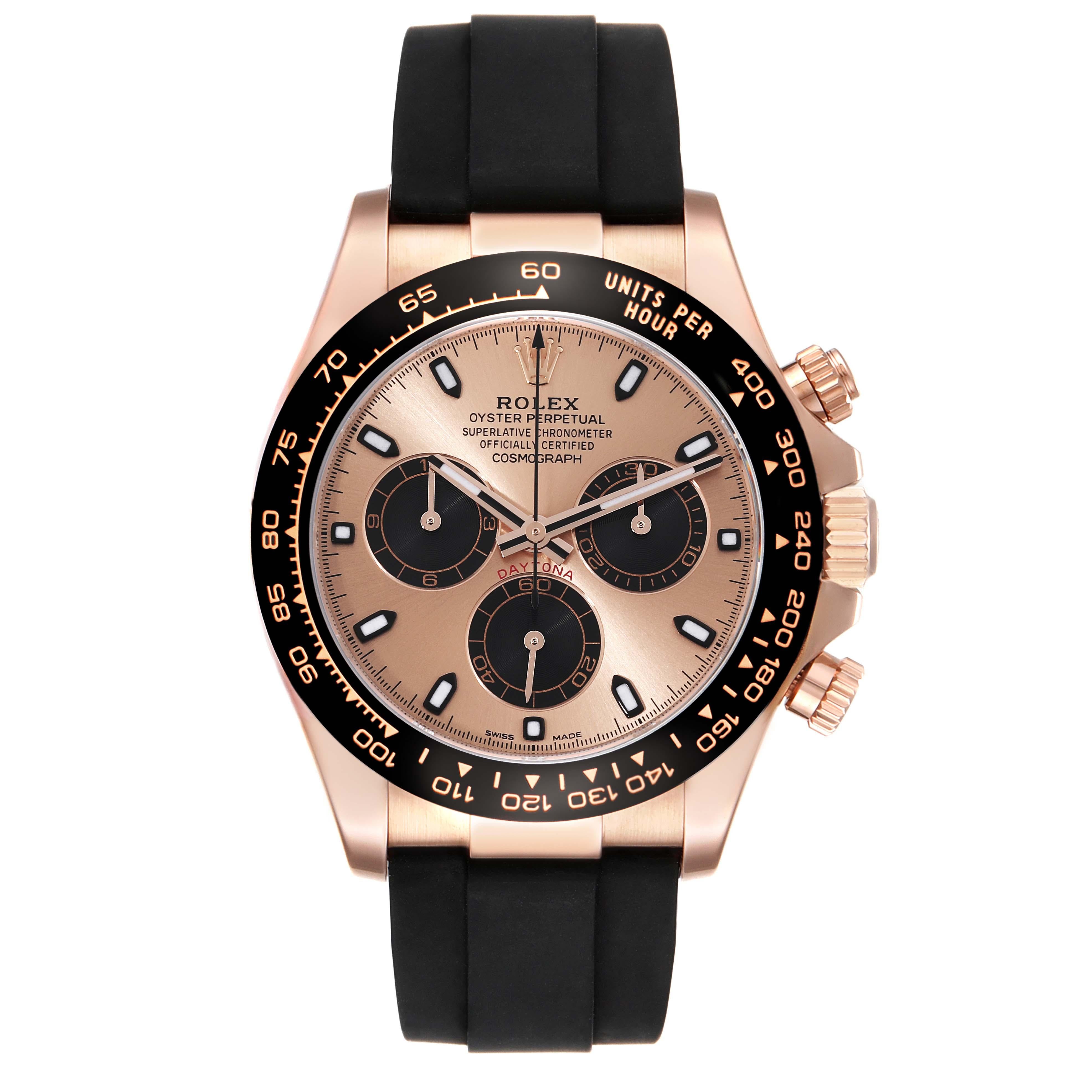 Rolex Cosmograph Daytona Rose Gold Mens Watch 116515 Box Card. Officially certified chronometer automatic self-winding movement. 18K rose gold case 40.0 mm in diameter. Special screw-down push buttons. Screw-down case back. Chronograph pushers and