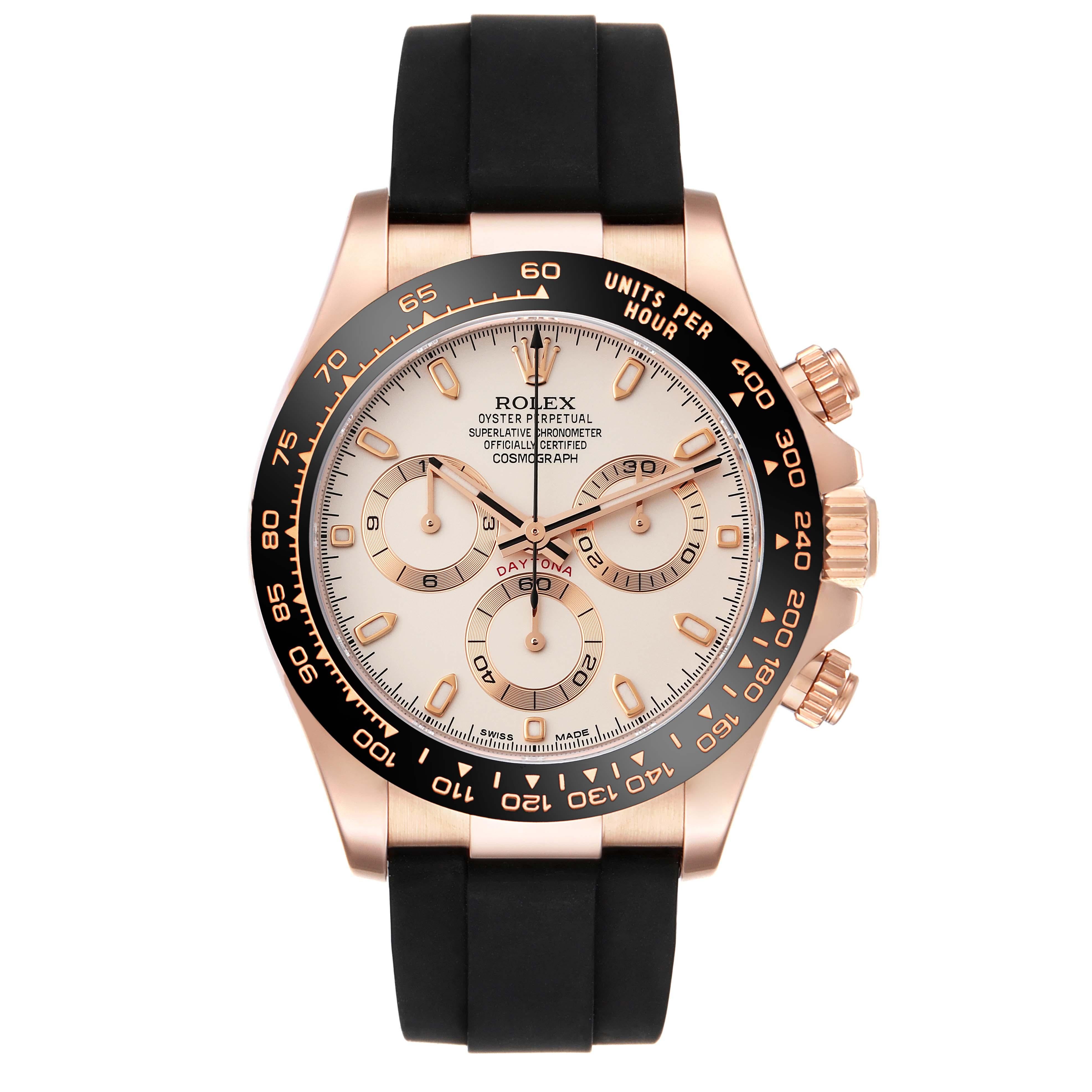 Rolex Cosmograph Daytona Rose Gold Mens Watch 116515 Box Card. Officially certified chronometer automatic self-winding movement. 18k rose gold case 40.0 mm in diameter. Special screw-down push buttons. Screw-down caseback. Chronograph pushers and