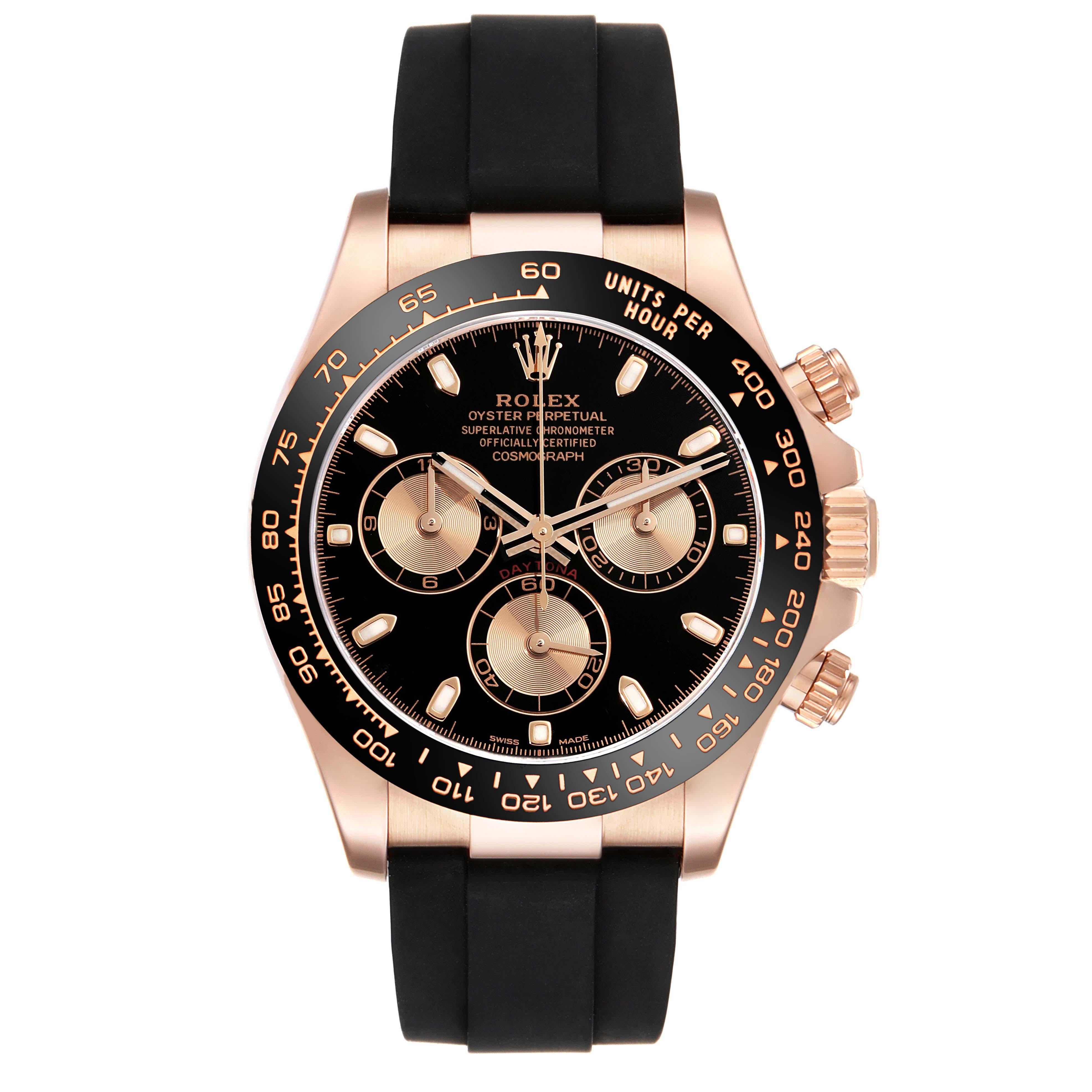 Rolex Cosmograph Daytona Rose Gold Mens Watch 116515 Box Card. Officially certified chronometer automatic self-winding movement. 18k rose gold case 40.0 mm in diameter. Special screw-down push buttons. Screw-down caseback. Chronograph pushers and