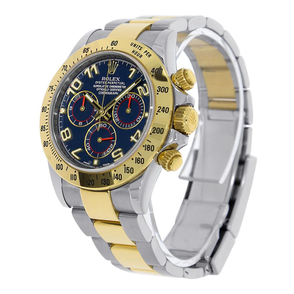 The Rolex Daytona 116523 with a blue dial is a rare and coveted timepiece by collectors across the globe and motorsport enthusiasts. The 116523 has a 40mm gold case that has a screw-down case back, a scratch resistant sapphire and features a fixed