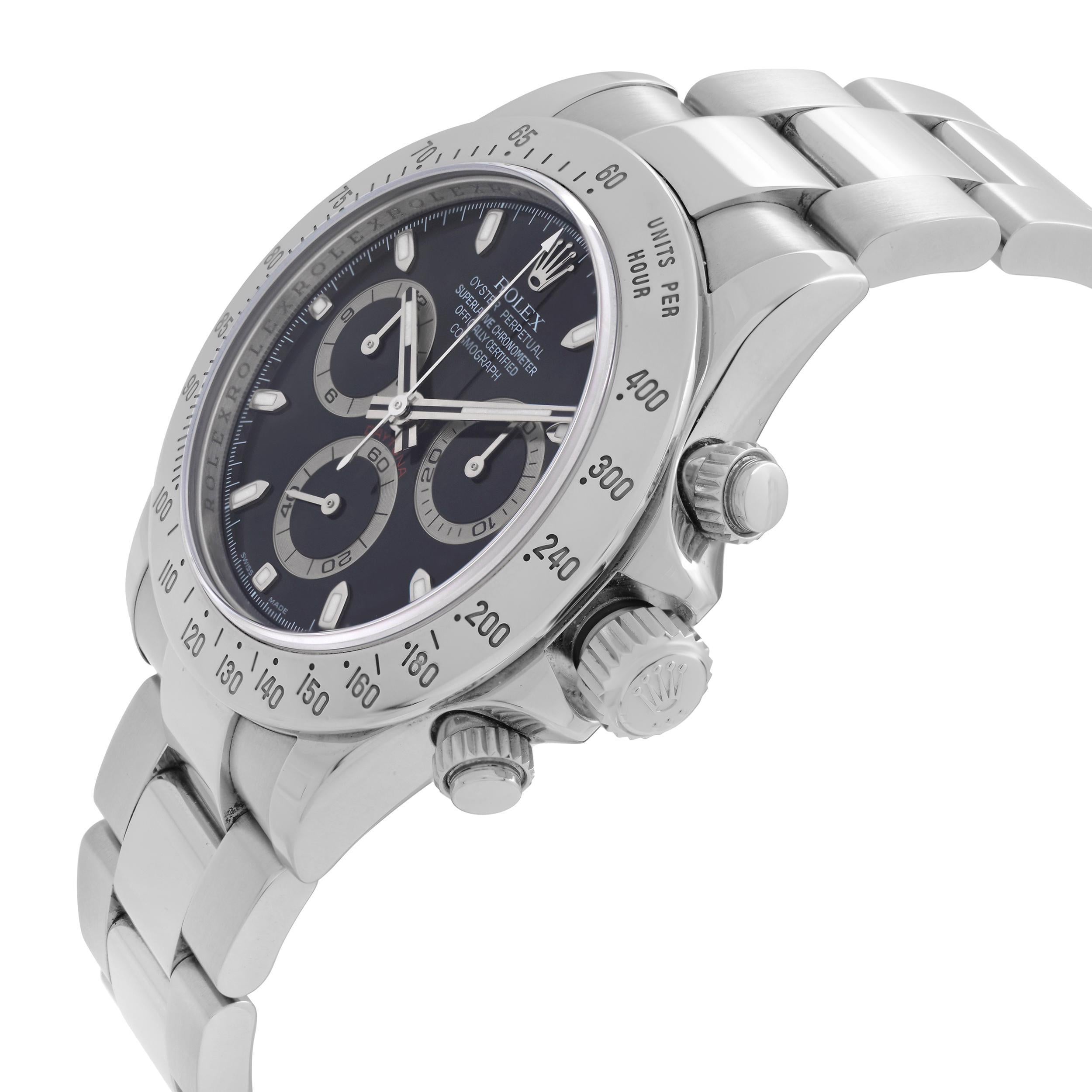 Rolex Cosmograph Daytona Steel Black Index Dial Automatic Mens Watch 116520 In Excellent Condition For Sale In New York, NY