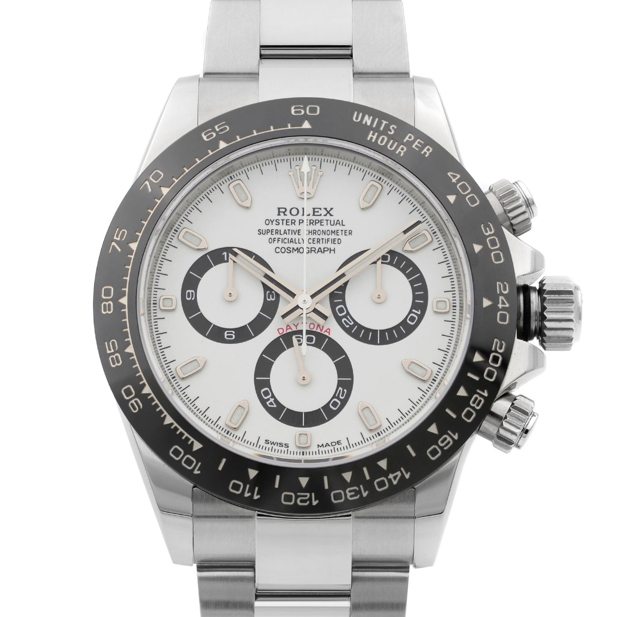 Pre-owned Like New Rolex Cosmograph Daytona Steel Ceramic Bezel White Dial Automatic Men's Watch. Comes with a 2020 Rolex Card. This Beautiful Timepiece Features: Stainless Steel Case and Rolex Oyster Bracelet, Fixed Black Monobloc Cerachrom Bezel
