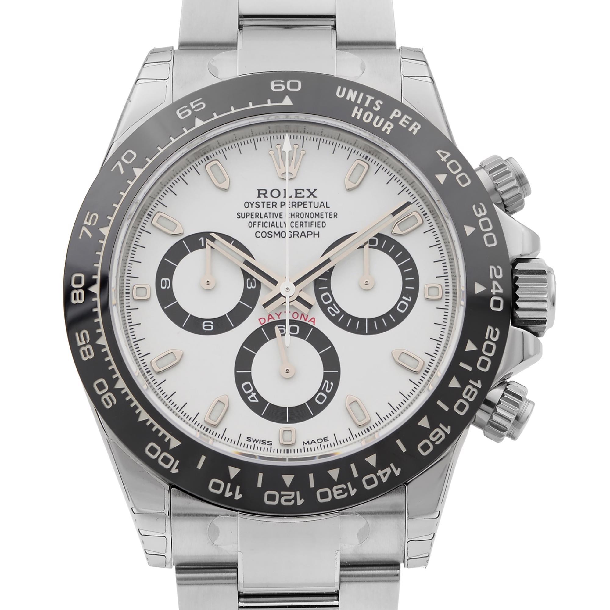 Unworn Fully Stickered 2021 Card Rolex Cosmograph Daytona Steel Ceramic Stick White Panda Dial Men Watch 116500LN. This Beautiful Men's Timepiece is Powered by an Mechanical (Automatic) Movement and Features: Stainless Steel Case with a Stainless