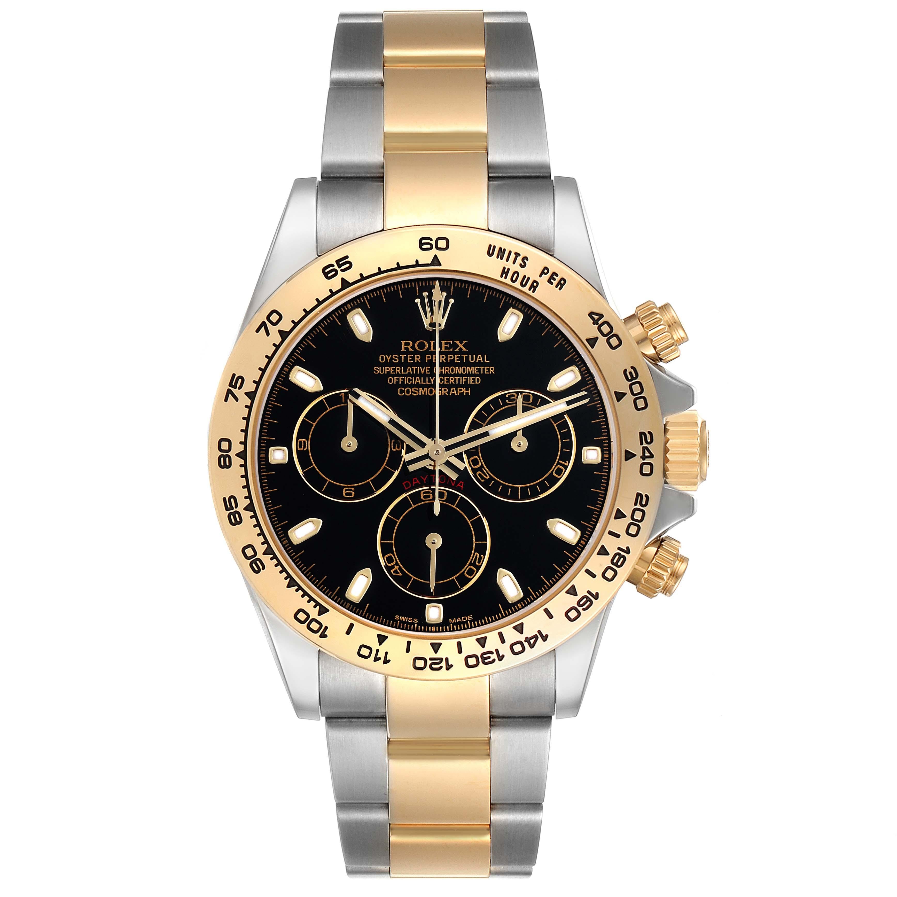 Rolex Cosmograph Daytona Steel Yellow Gold Black Dial Mens Watch 116503 Box Card. Officially certified chronometer automatic self-winding movement. Rhodium-plated, oeil-de-perdrix decoration, straight line lever escapement, monometallic balance