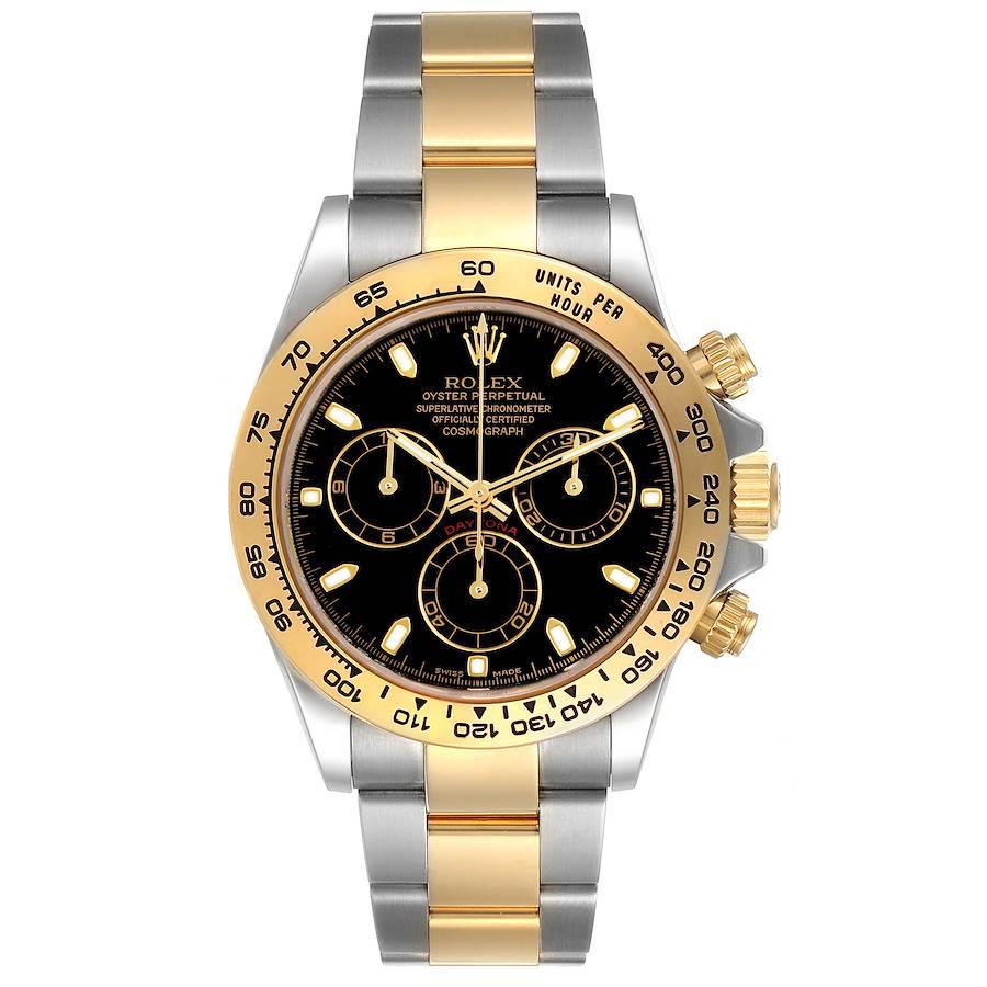 Rolex Cosmograph Daytona Steel Yellow Gold Black Dial Mens Watch 116503. Officially certified chronometer self-winding movement. Rhodium-plated, oeil-de-perdrix decoration, straight line lever escapement, monometallic balance adjusted to 5