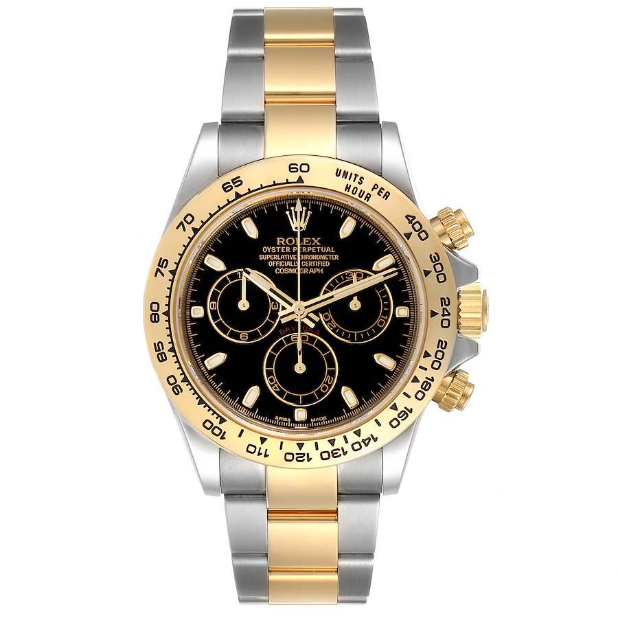Rolex Cosmograph Daytona Steel Yellow Gold Black Dial Mens Watch 116503. Officially certified chronometer self-winding movement. Rhodium-plated, oeil-de-perdrix decoration, straight line lever escapement, monometallic balance adjusted to 5