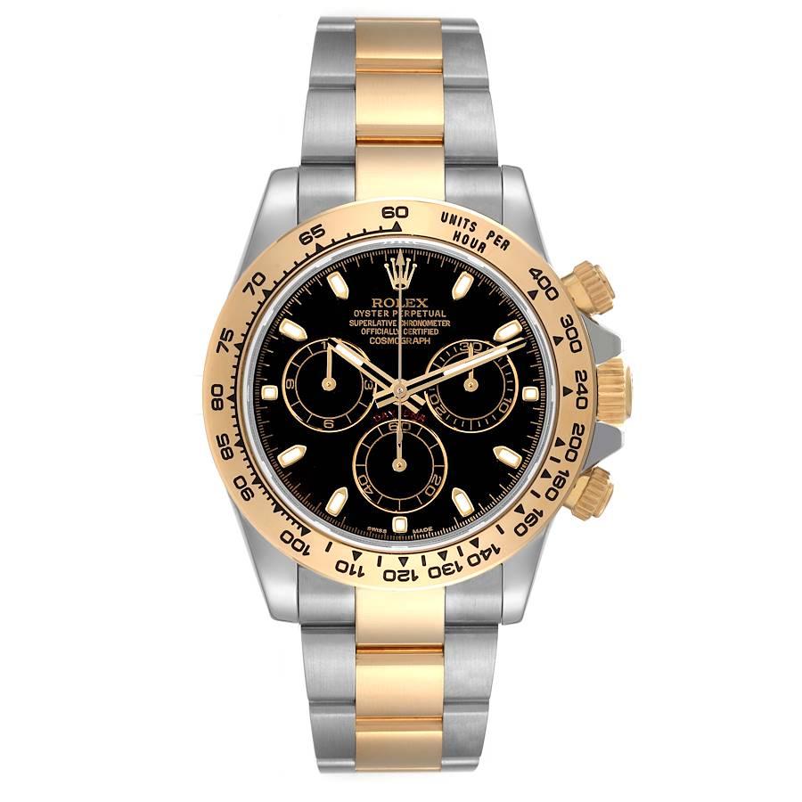 Rolex Cosmograph Daytona Steel Yellow Gold Black Dial Watch 116503 Box Card. Officially certified chronometer self-winding movement. Rhodium-plated, oeil-de-perdrix decoration, straight line lever escapement, monometallic balance adjusted to 5