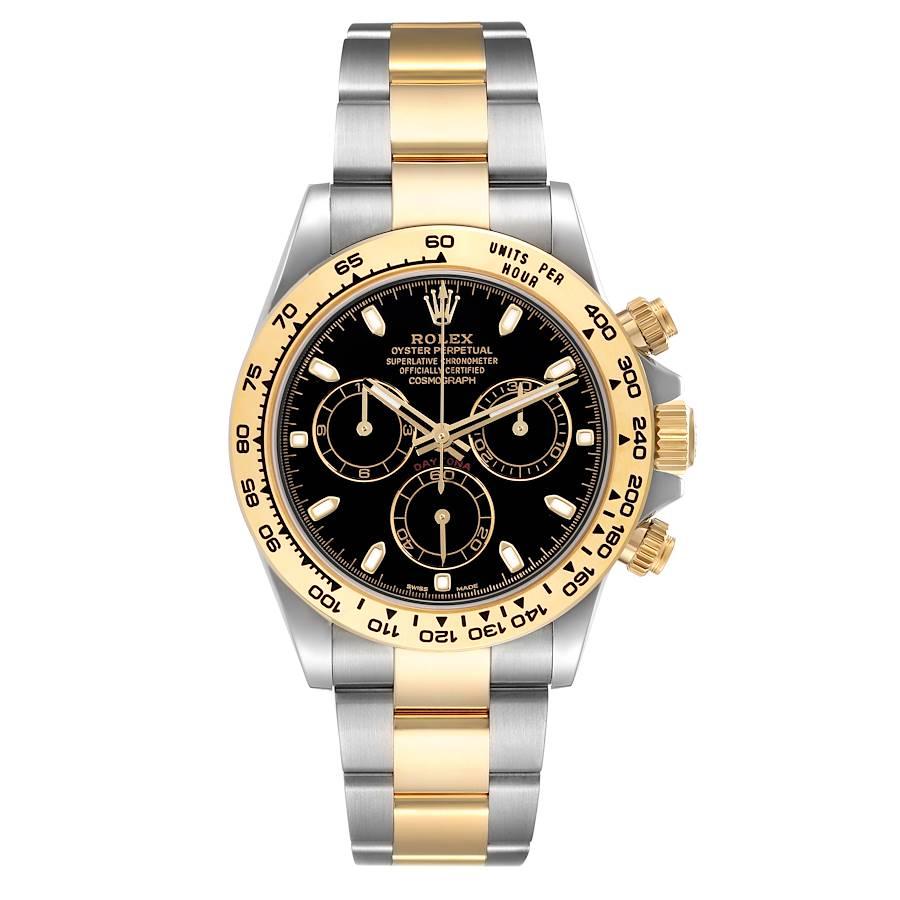 Rolex Cosmograph Daytona Steel Yellow Gold Black Dial Watch 116503 Box Card. Officially certified chronometer self-winding movement. Rhodium-plated, oeil-de-perdrix decoration, straight line lever escapement, monometallic balance adjusted to 5