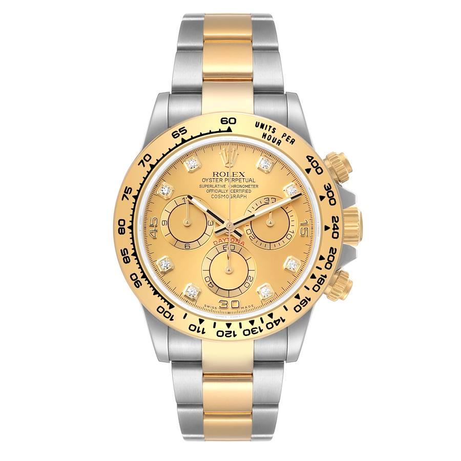 Rolex Cosmograph Daytona Steel Yellow Gold Diamond Dial Mens Watch 116503. Officially certified chronometer self-winding movement. Rhodium-plated, oeil-de-perdrix decoration, straight line lever escapement, monometallic balance adjusted to 5
