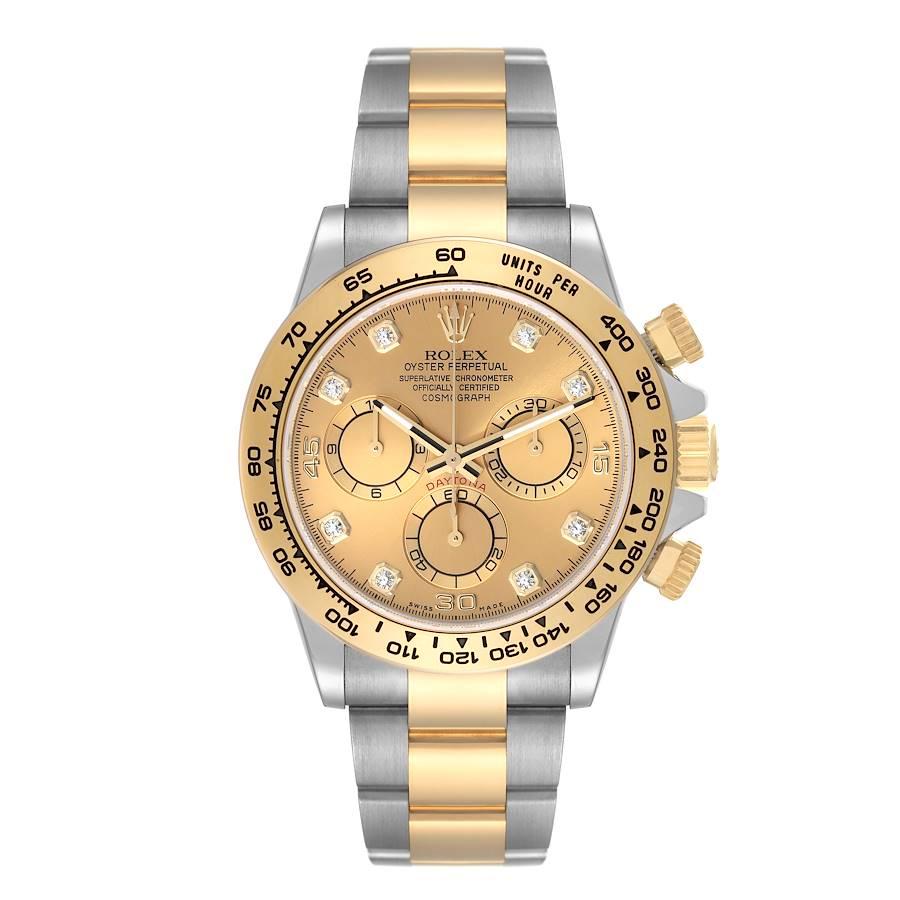 Rolex Cosmograph Daytona Steel Yellow Gold Diamond Dial Watch 116503 Box Card. Officially certified chronometer self-winding movement. Rhodium-plated, oeil-de-perdrix decoration, straight line lever escapement, monometallic balance adjusted to 5