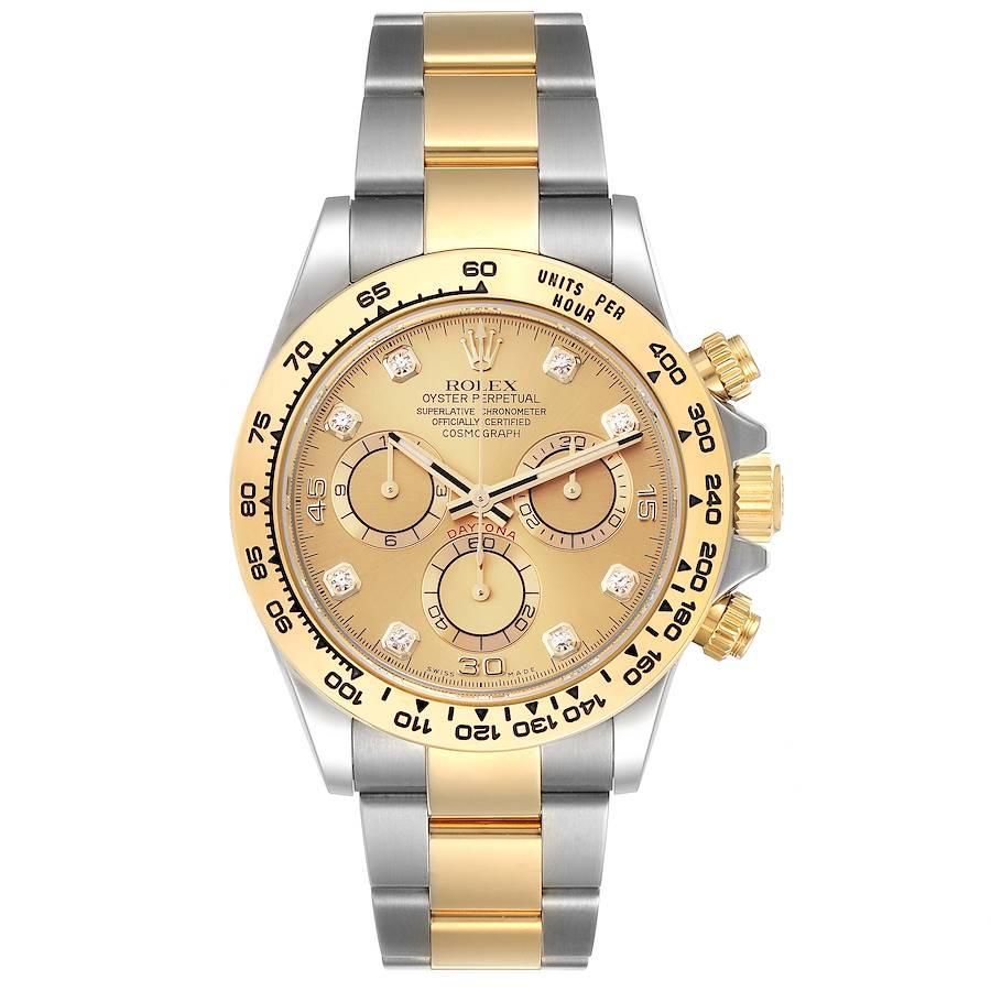 Rolex Cosmograph Daytona Steel Yellow Gold Diamond Dial Watch 116503 Box Card. Officially certified chronometer self-winding movement. Rhodium-plated, oeil-de-perdrix decoration, straight line lever escapement, monometallic balance adjusted to 5