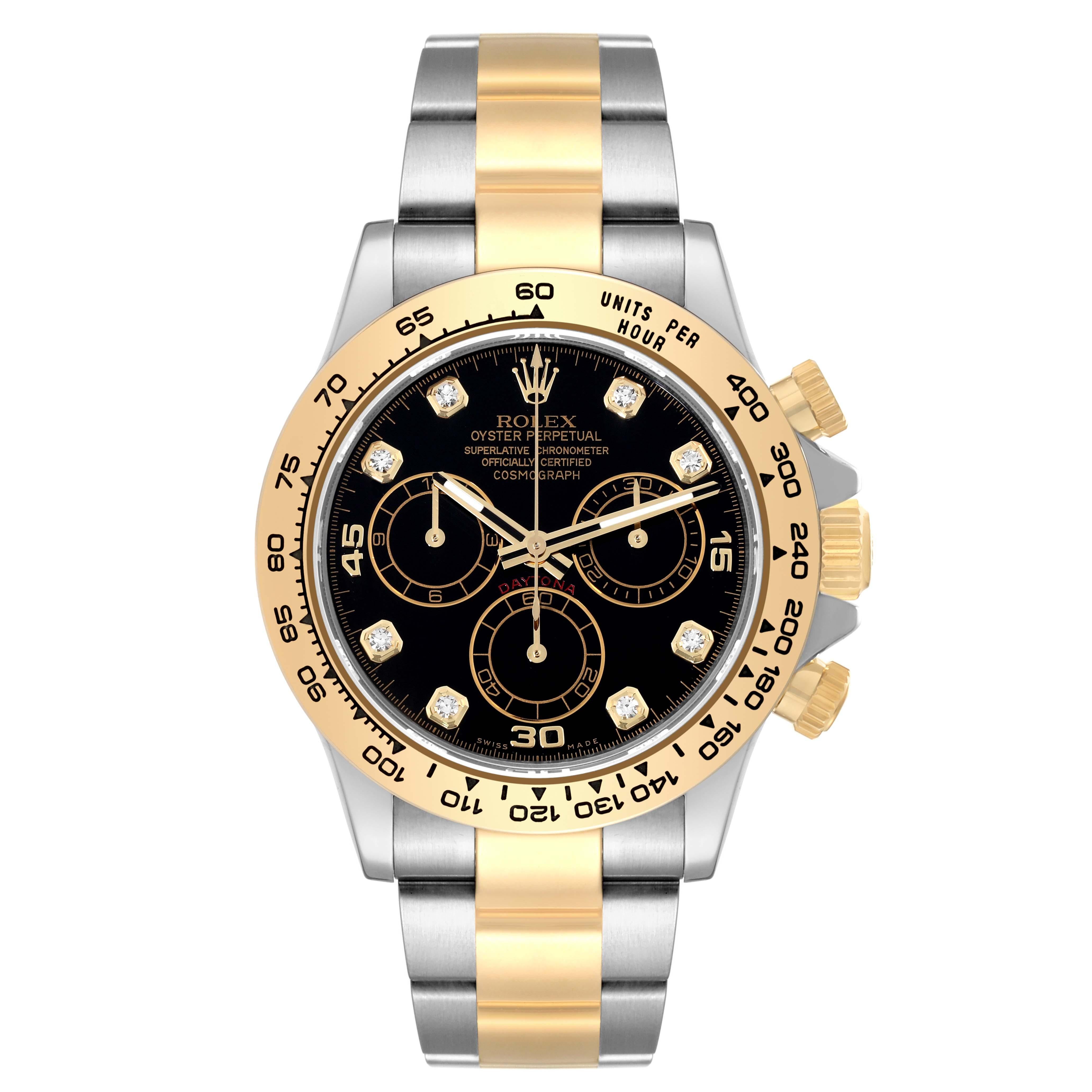 Rolex Cosmograph Daytona Steel Yellow Gold Diamond Mens Watch 116503 Box Card. Officially certified chronometer self-winding movement. Rhodium-plated, oeil-de-perdrix decoration, straight line lever escapement, monometallic balance adjusted to 5