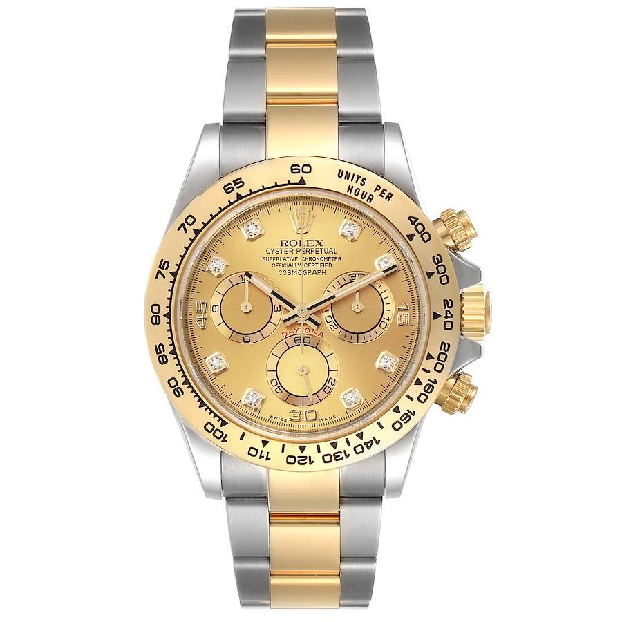 Rolex Cosmograph Daytona Steel Yellow Gold Diamond Watch 116503 Box Card. Officially certified chronometer self-winding movement. Rhodium-plated, oeil-de-perdrix decoration, straight line lever escapement, monometallic balance adjusted to 5