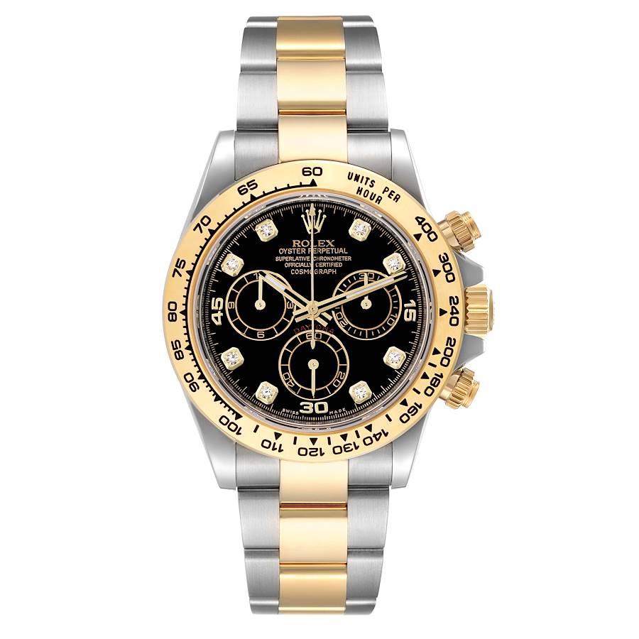 Rolex Cosmograph Daytona Steel Yellow Gold Diamond Watch 116503 Box Card. Officially certified chronometer self-winding movement. Rhodium-plated, oeil-de-perdrix decoration, straight line lever escapement, monometallic balance adjusted to 5