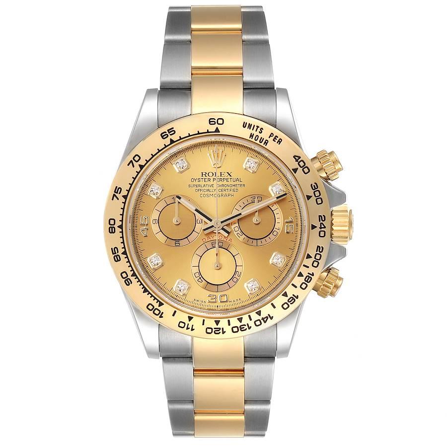 Rolex Cosmograph Daytona Steel Yellow Gold Diamond Watch 116503. Officially certified chronometer self-winding movement. Rhodium-plated, oeil-de-perdrix decoration, straight line lever escapement, monometallic balance adjusted to 5 positions, shock