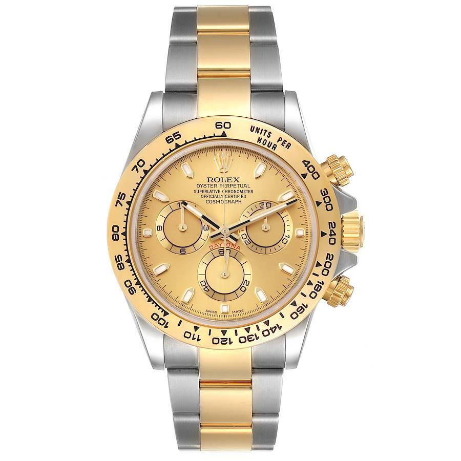 Rolex Cosmograph Daytona Steel Yellow Gold Mens Watch 116503 Box Card. Officially certified chronometer self-winding movement. Rhodium-plated, oeil-de-perdrix decoration, straight line lever escapement, monometallic balance adjusted to 5 positions,