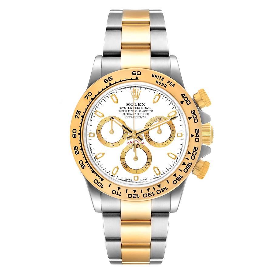 Rolex Cosmograph Daytona Steel Yellow Gold Mens Watch 116503 Box Card. Officially certified chronometer self-winding movement. Rhodium-plated, oeil-de-perdrix decoration, straight line lever escapement, monometallic balance adjusted to 5 positions,