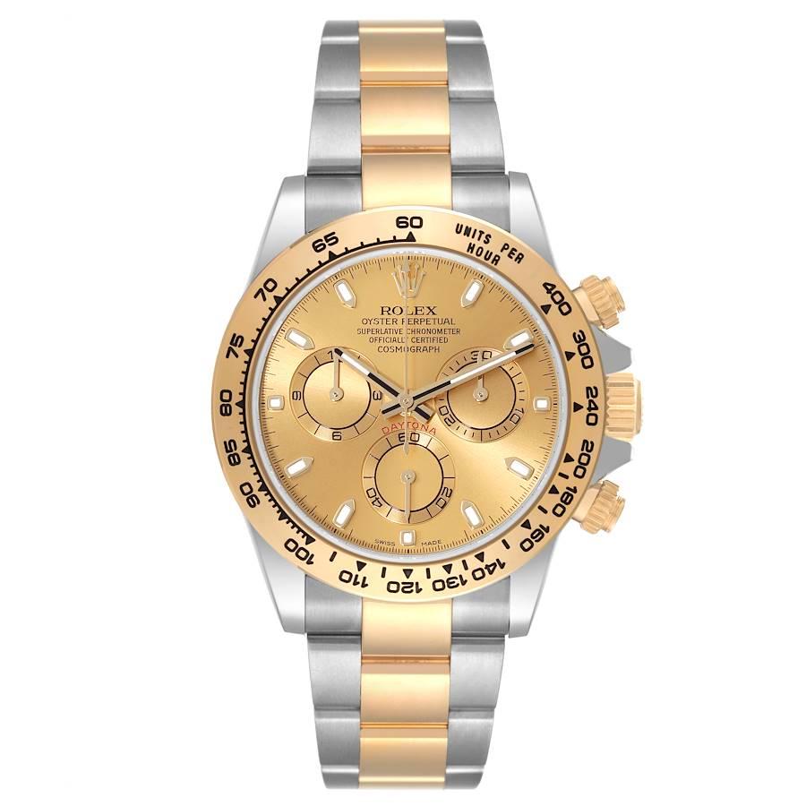Rolex Cosmograph Daytona Steel Yellow Gold Mens Watch 116503 Box Card. Officially certified chronometer automatic self-winding movement. Rhodium-plated, oeil-de-perdrix decoration, straight line lever escapement, monometallic balance adjusted to 5