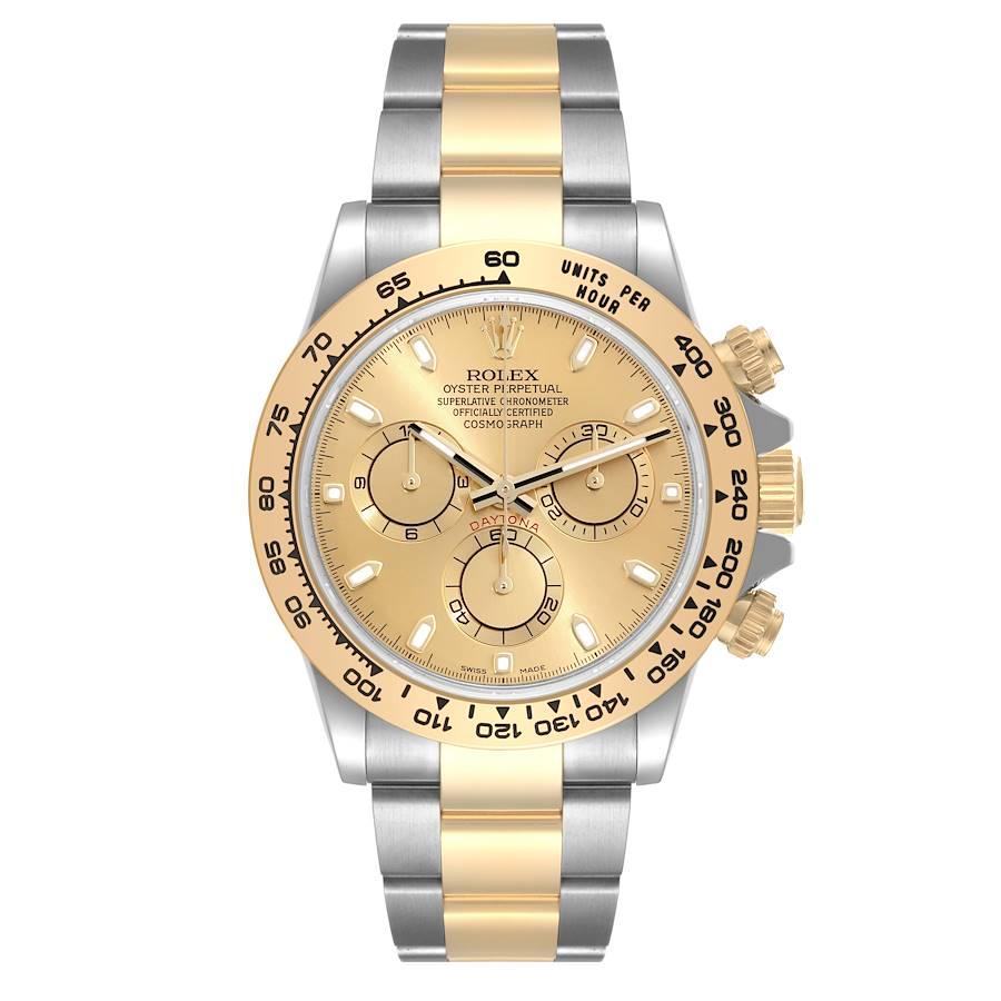 Rolex Cosmograph Daytona Steel Yellow Gold Mens Watch 116503 Box Card. Officially certified chronometer automatic self-winding movement. Rhodium-plated, oeil-de-perdrix decoration, straight line lever escapement, monometallic balance adjusted to 5