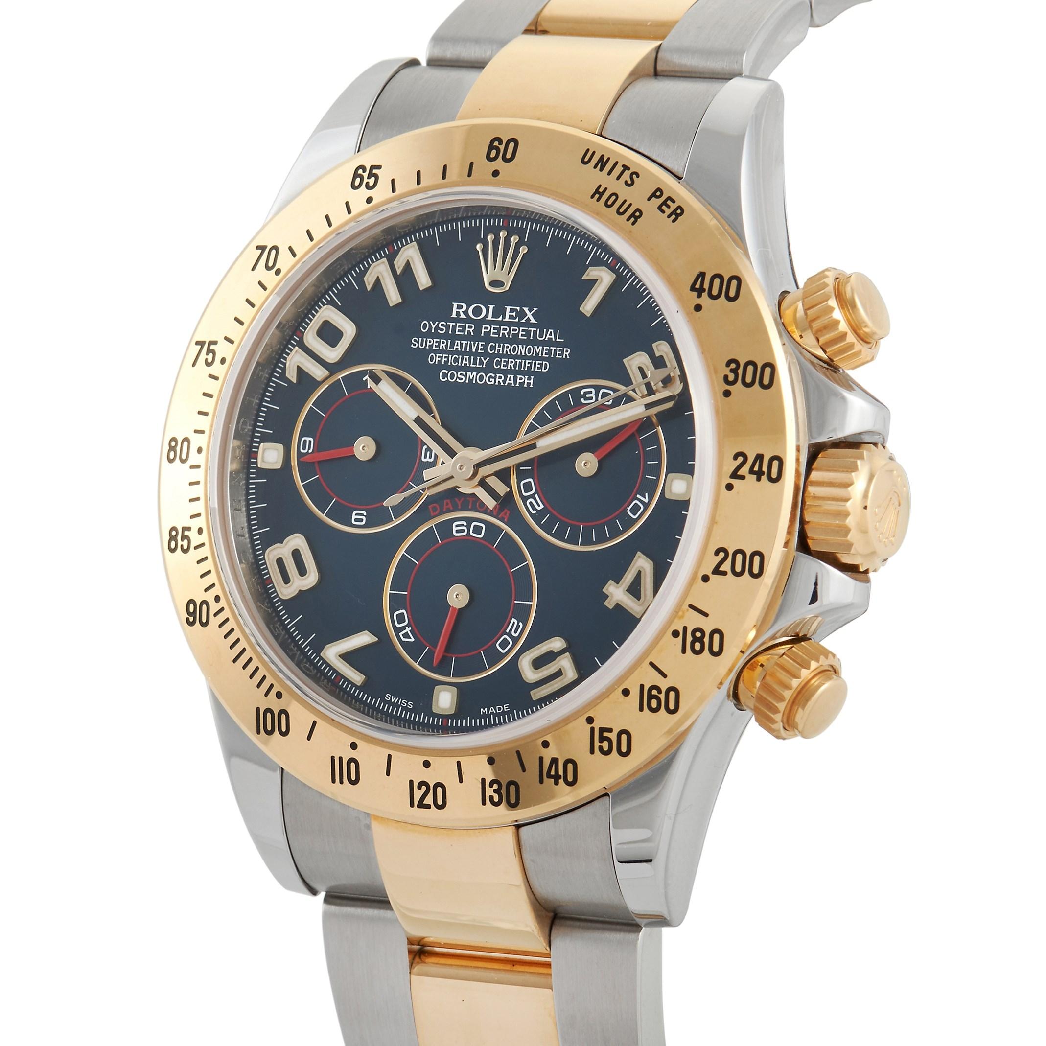 A robust tool watch with a statement-making appeal, the Rolex Cosmograph Daytona 116523 with blue dial is indeed a covetable timepiece. This watch comes with a two-toned profile. It has 40mm stainless steel case and a fixed 18K yellow gold domed
