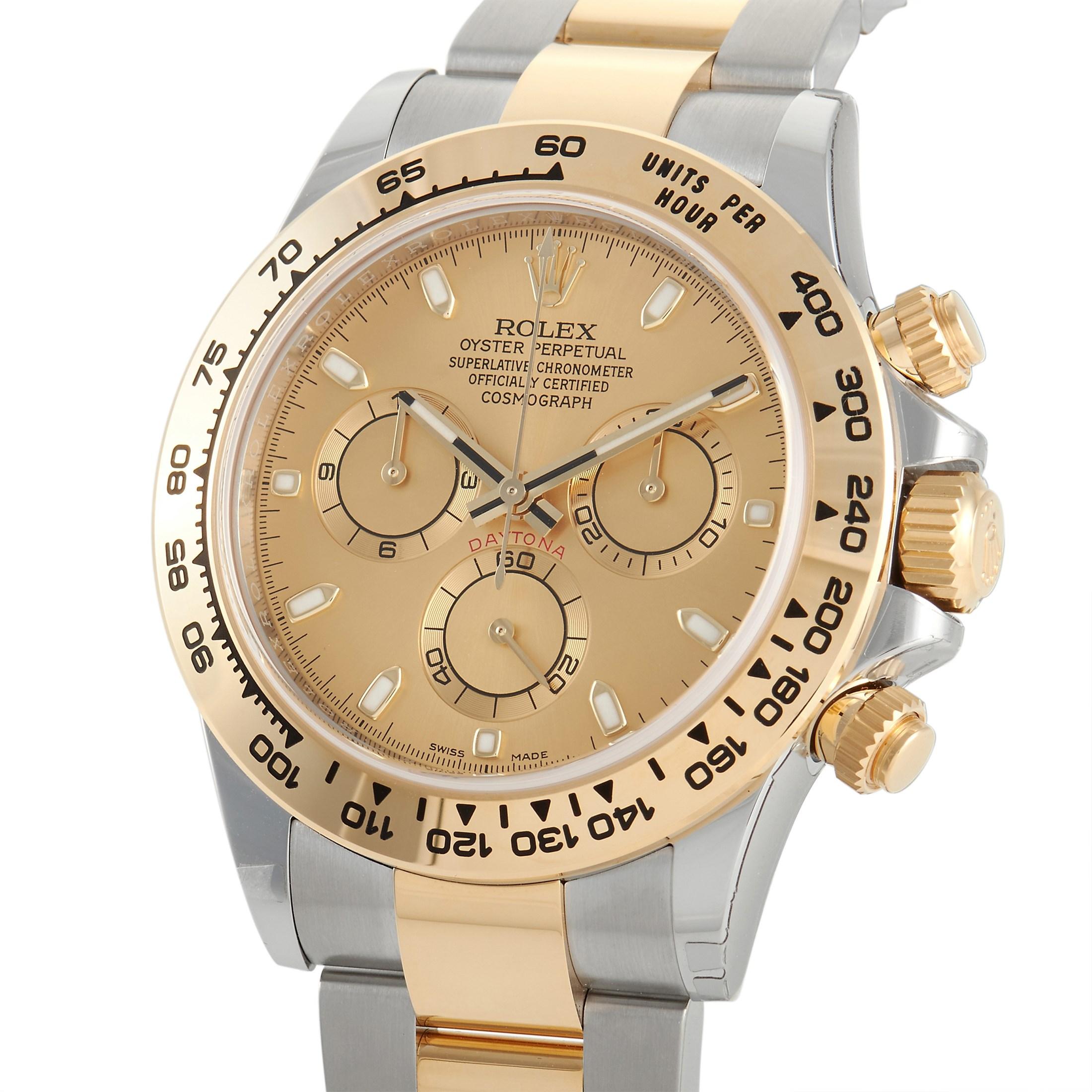 The Rolex Cosmograph Daytona Watch, reference number 116503-0003, is a luxury timepiece that celebrates the brand’s storied history. 

Set upon a Rolex Oyster bracelet with 18K yellow gold center links, this watch’s 40mm stainless steel case