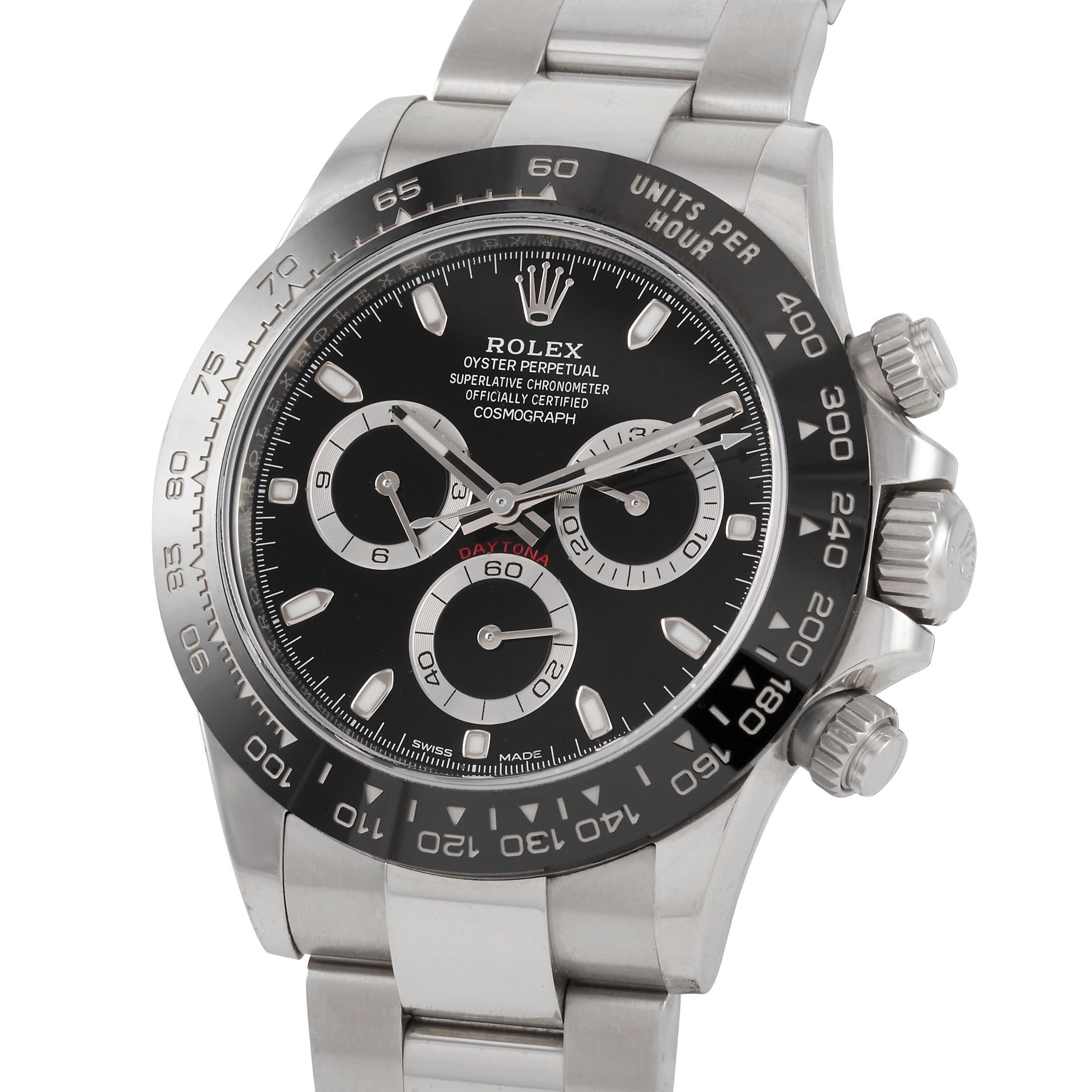 The Rolex Cosmograph Daytona, reference number 116500LN, is a member of the iconic “Cosmograph Daytona” collection.

The watch comes with a 40 mm Oyster case made of Oystersteel that features screw-down crown and Triplock triple waterproofness