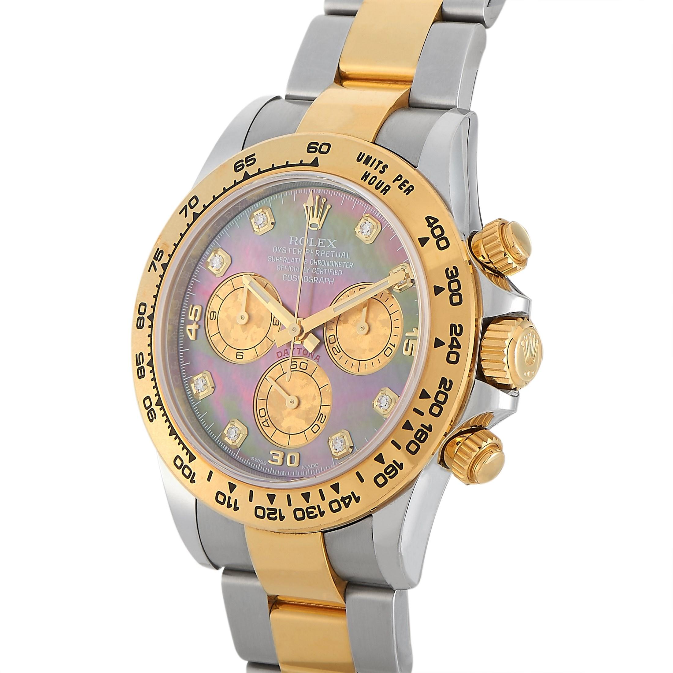 A watch that speaks for itself. The Rolex Cosmograph Daytona features a remarkable mother of pearl dial complemented with diamond indices. Designed with Rolesor exterior, this timepiece has a bezel, crown, and bracelet center links fashioned in 18K