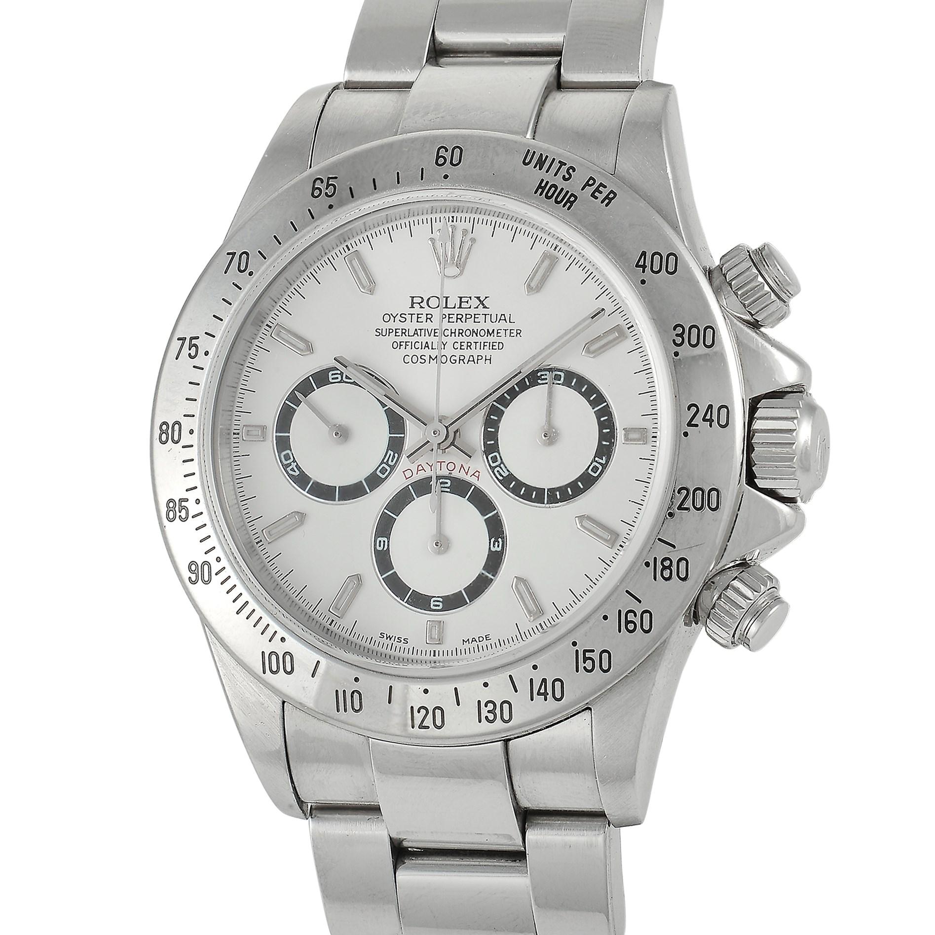 The Rolex Cosmograph Daytona Watch, reference number 16520, is a luxury timepiece that upholds the brand’s commitment to excellence.

Sleek and stylish, this watch features a 40mm case, bracelet, and fixed tachymeter engraved bezel made from
