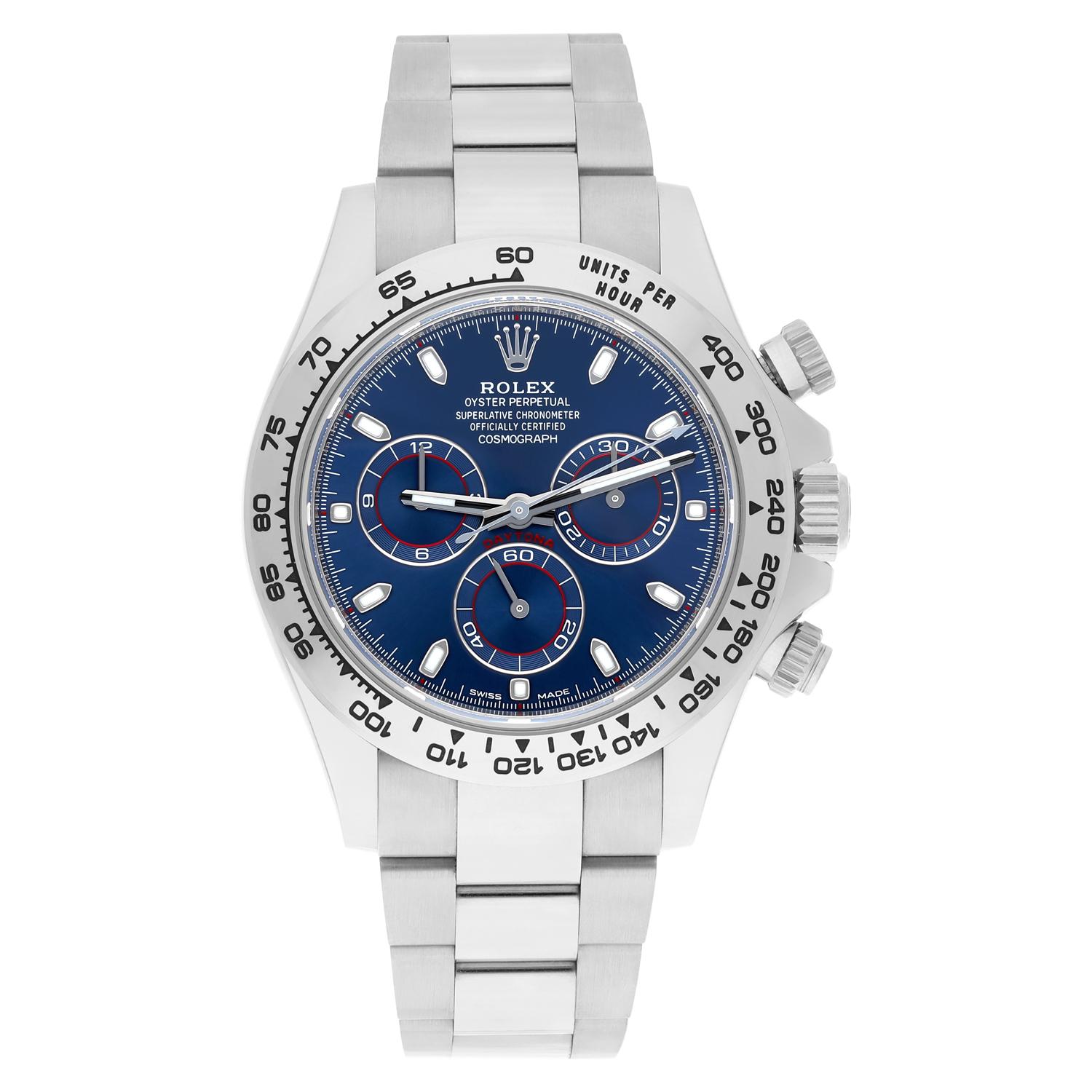 Rolex Cosmograph Daytona White Gold 40mm Blue Dial 116509 Complete 2018

This rare discontinued 18kt white gold Cosmograph Daytona ref. 116509 with highly attractive blue dial, is one of the most sought-after in Rolex's collection. As supply is