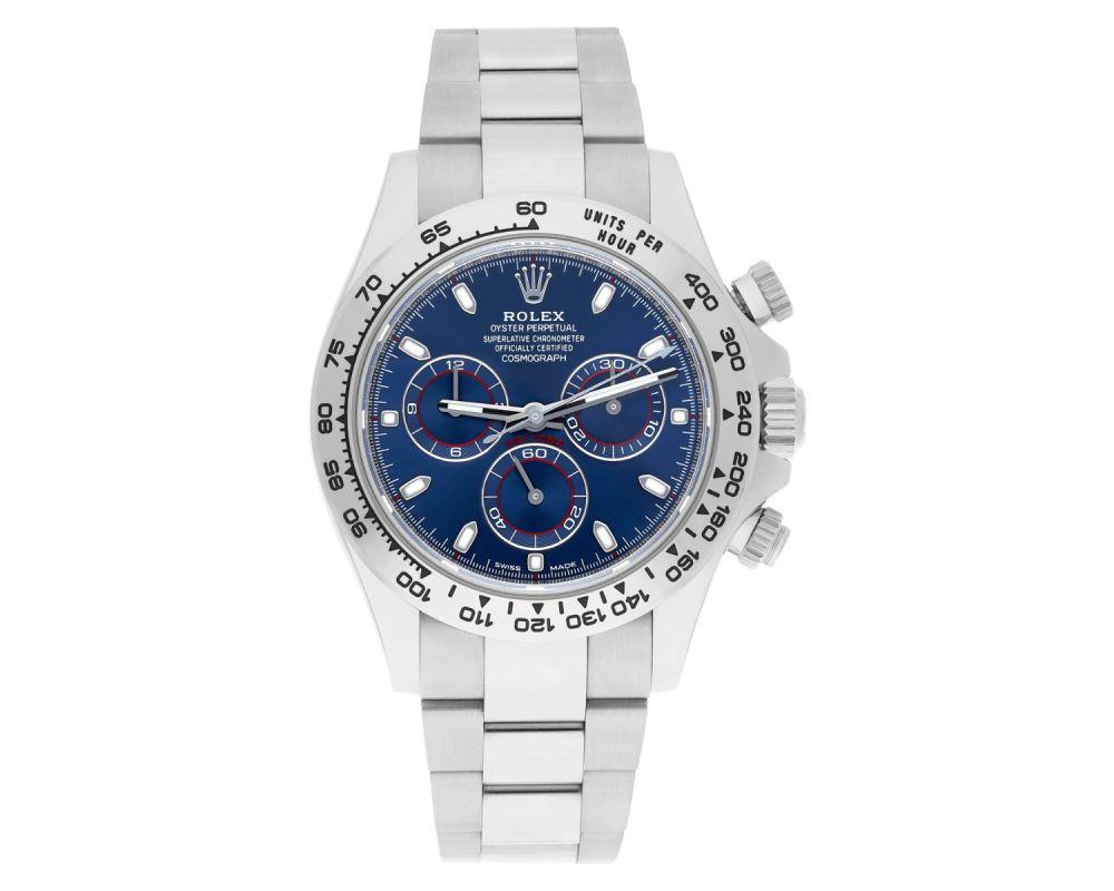 This rare discontinued 18kt white gold Cosmograph Daytona ref. 116509 with highly attractive blue dial, is one of the most sought-after in Rolex's collection. As supply is limited even more, the demand for precious metal Daytona's is as strong as