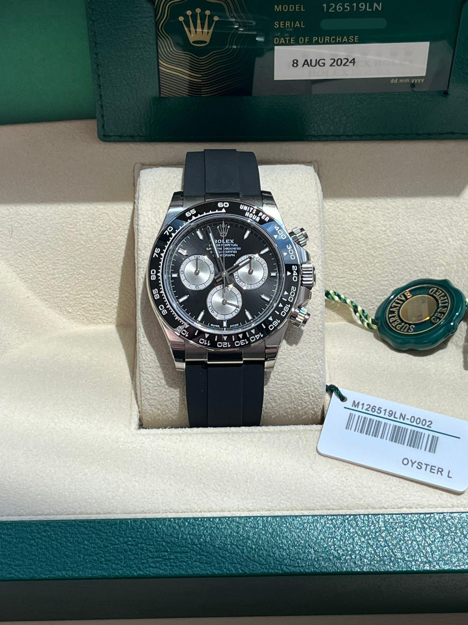 Women's or Men's Rolex Cosmograph Daytona White Gold Black Dial Rubber Strap Watch 126519LN