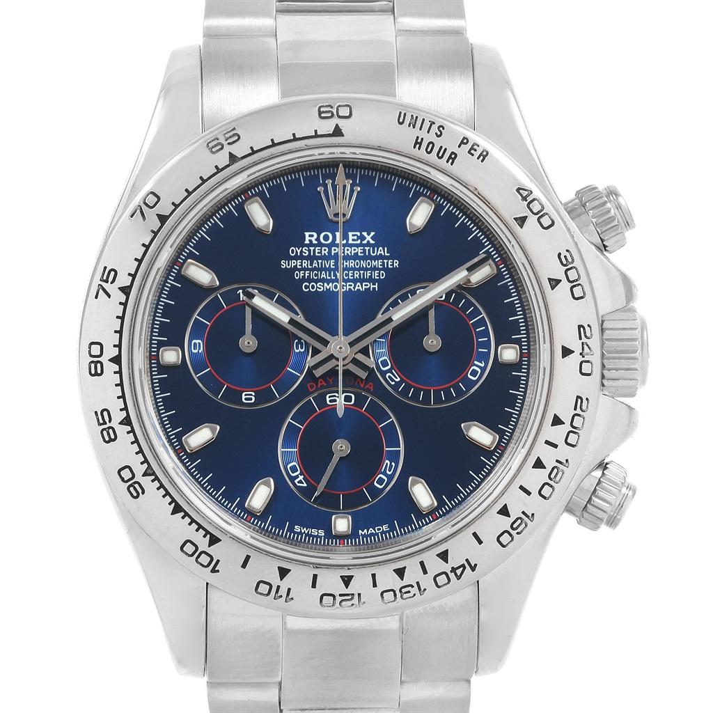Rolex Cosmograph Daytona White Gold Blue Dial Mens Watch 116509. Officially certified chronometer self-winding movement. Rhodium-plated, 44 jewels, straight line lever escapement, monometallic balance adjusted to temperatures and 5 positions, shock