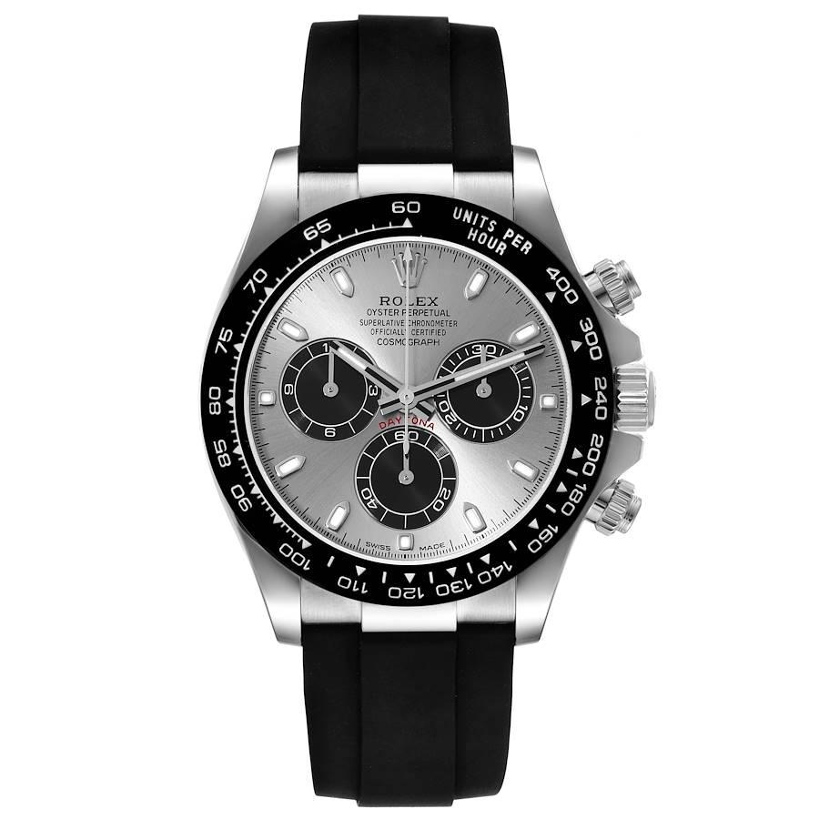 Rolex Cosmograph Daytona White Gold Grey Dial Mens Watch 116519 Box Card. Officially certified chronometer automatic self-winding chronograph movement. Rhodium-plated, 44 jewels, straight line lever escapement, monometallic balance adjusted to