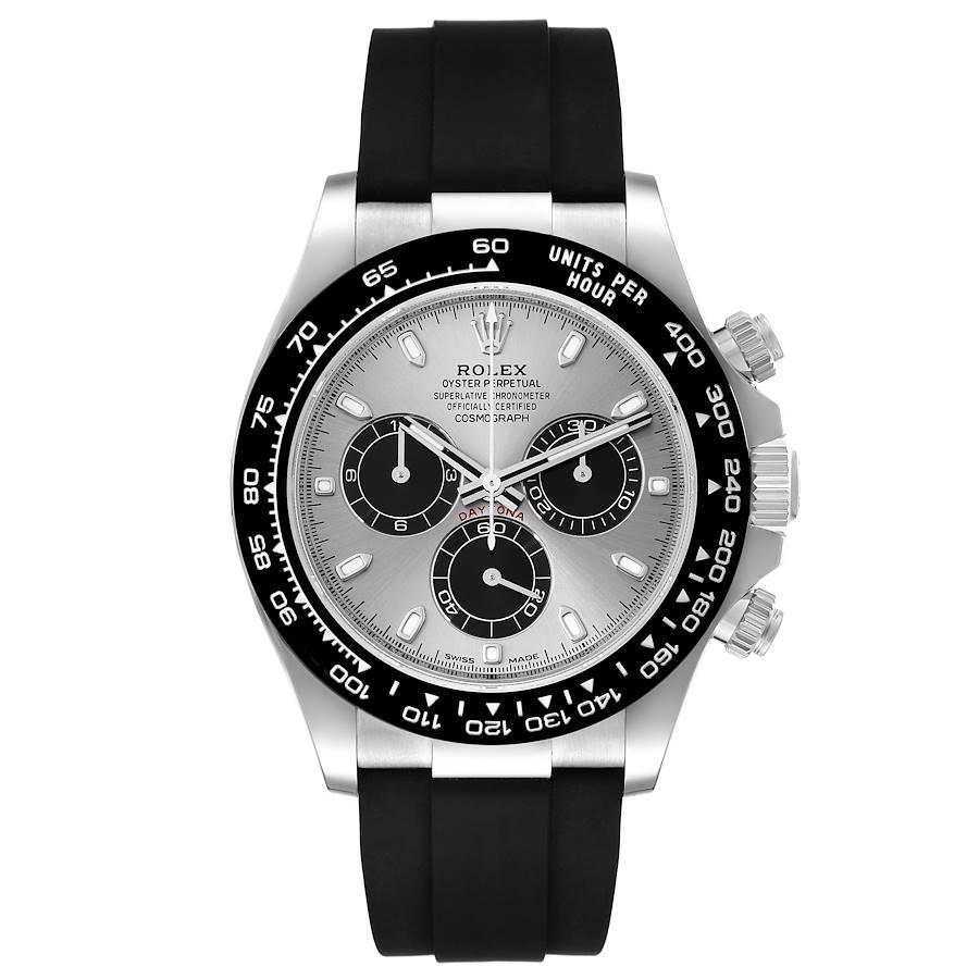 Rolex Cosmograph Daytona White Gold Grey Dial Mens Watch 116519 Box Card. Officially certified chronometer automatic self-winding chronograph movement. Rhodium-plated, 44 jewels, straight line lever escapement, monometallic balance adjusted to
