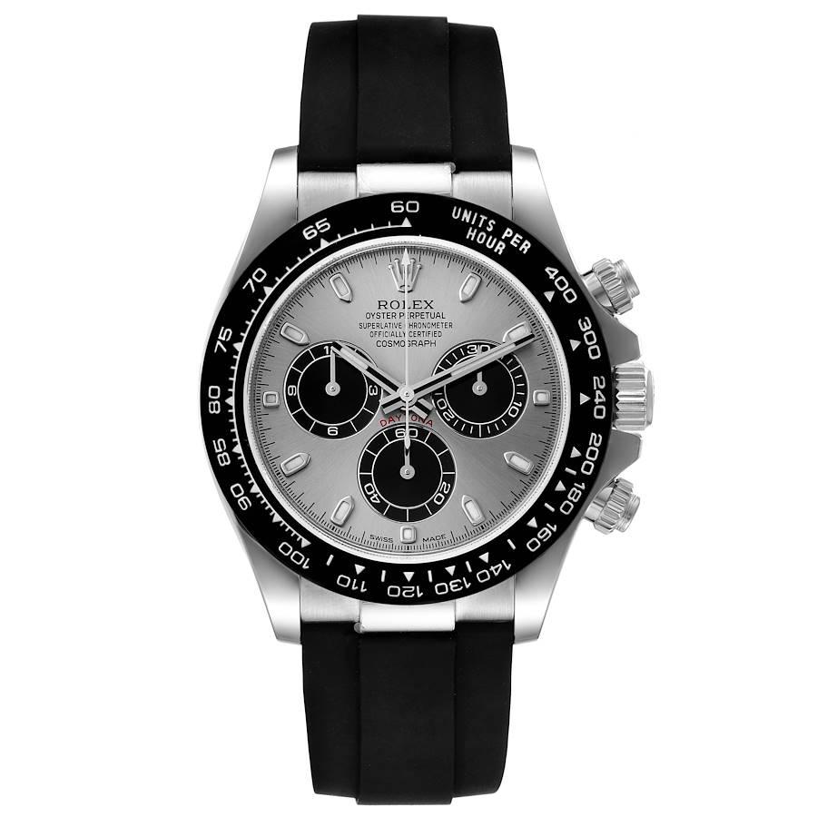 Rolex Cosmograph Daytona White Gold Grey Dial Mens Watch 116519 Unworn. Officially certified chronometer self-winding movement. Rhodium-plated, 44 jewels, straight line lever escapement, monometallic balance adjusted to temperatures and 5 positions,