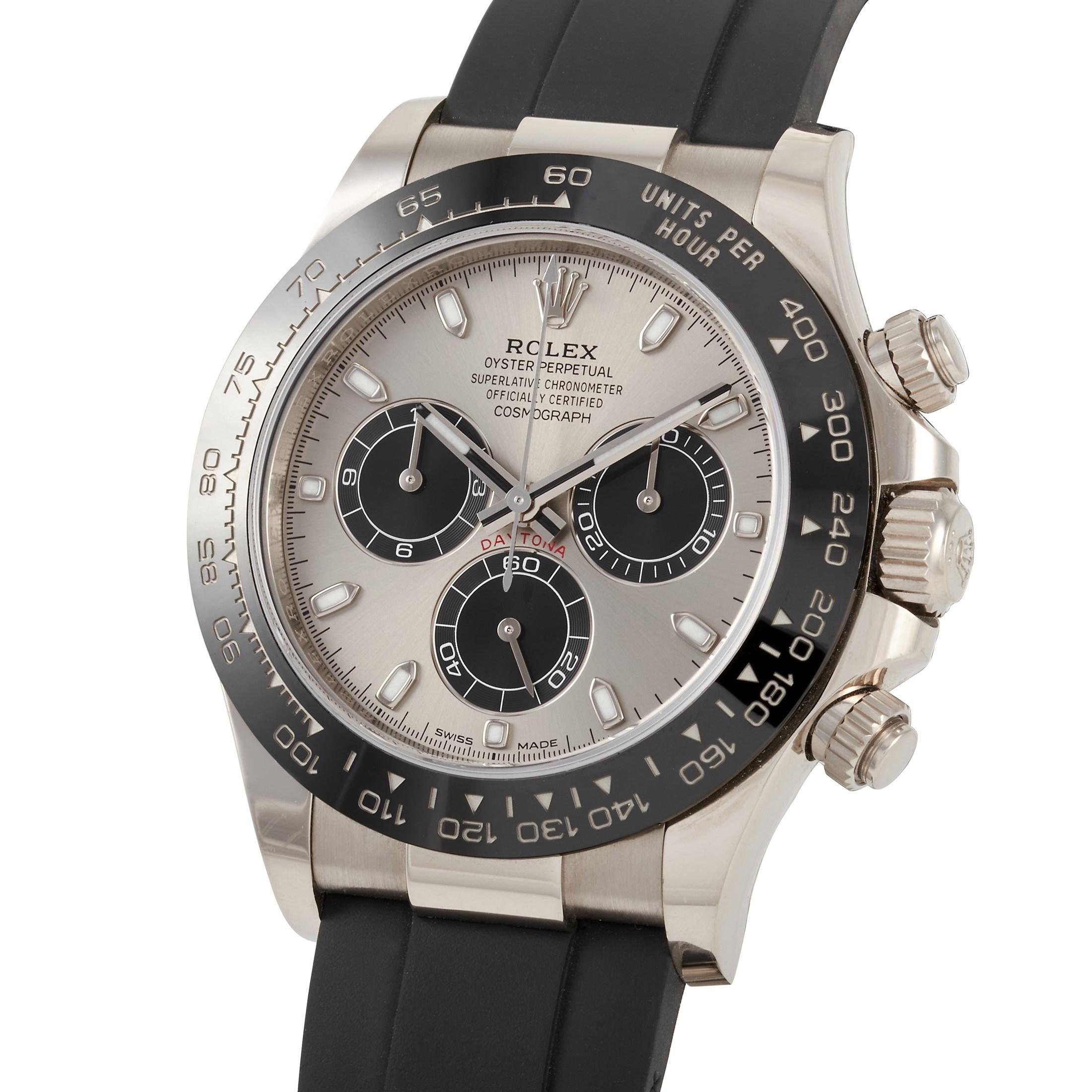 Attractive, unique, and sporty, the Rolex Cosmograph Daytona 18K White Gold Watch 116519LN will impress you with its unexpected yet exceptional style. It comes with a 40mm-wide case in 18K white gold with a black Cerachrom bezel. It is fitted with