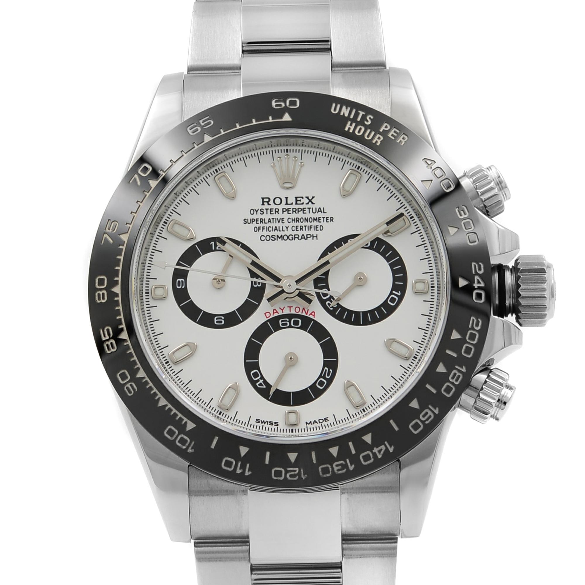 This pre-owned Rolex Daytona  116500LN w is a beautiful men's timepiece that is powered by an automatic movement which is cased in a stainless steel case. It has a round shape face, chronograph, small seconds subdial, tachymeter dial and has hand