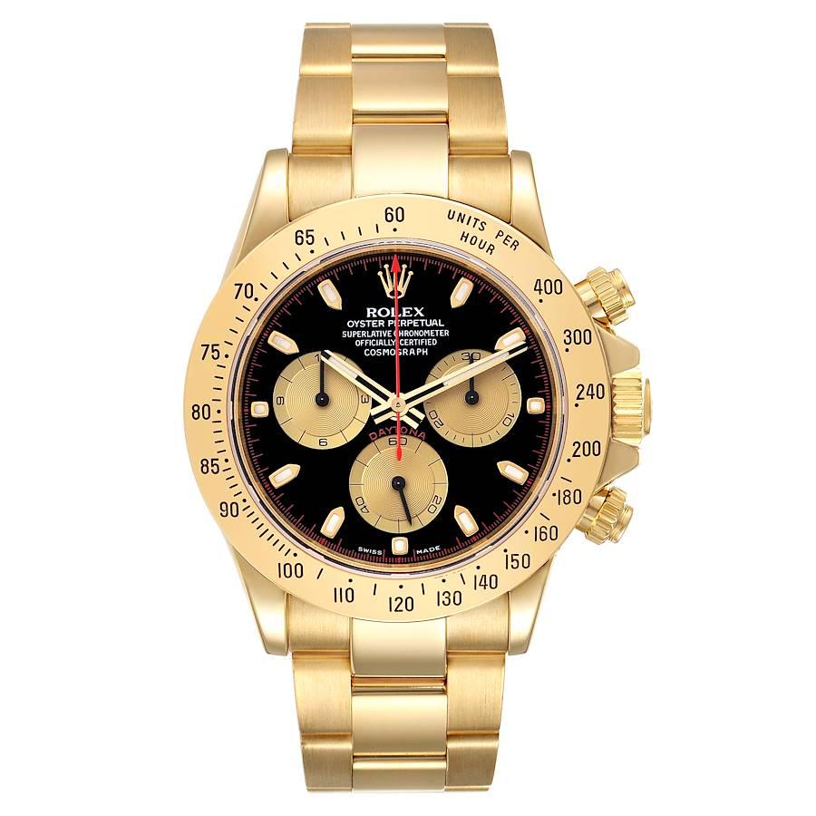 Rolex Cosmograph Daytona Yellow Gold Black Dial Mens Watch 116528 Box Papers. Officially certified chronometer self-winding movement. Rhodium-plated, oeil-de-perdrix decoration, straight line lever escapement, monometallic balance adjusted to 5