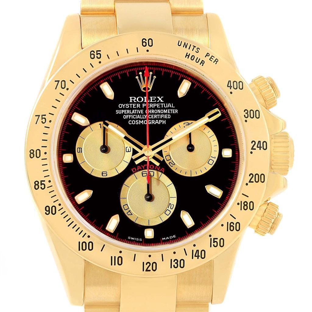 Rolex Cosmograph Daytona Yellow Gold Black Dial Mens Watch 116528. Officially certified chronometer self-winding movement. Rhodium-plated, oeil-de-perdrix decoration, straight line lever escapement, monometallic balance adjusted to 5 positions,