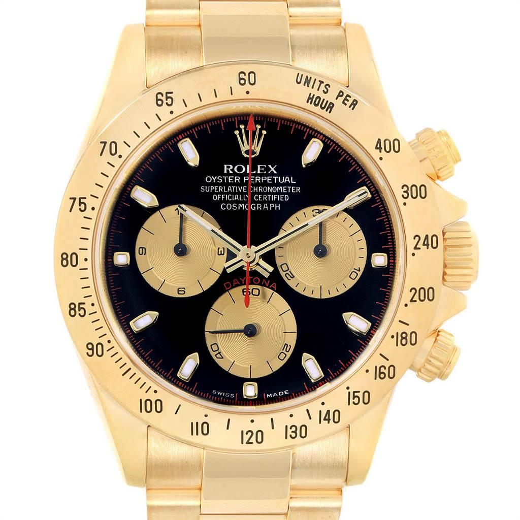 Rolex Cosmograph Daytona Yellow Gold Black Dial Mens Watch 116528. Officially certified chronometer self-winding movement. Rhodium-plated, oeil-de-perdrix decoration, straight line lever escapement, monometallic balance adjusted to 5 positions,