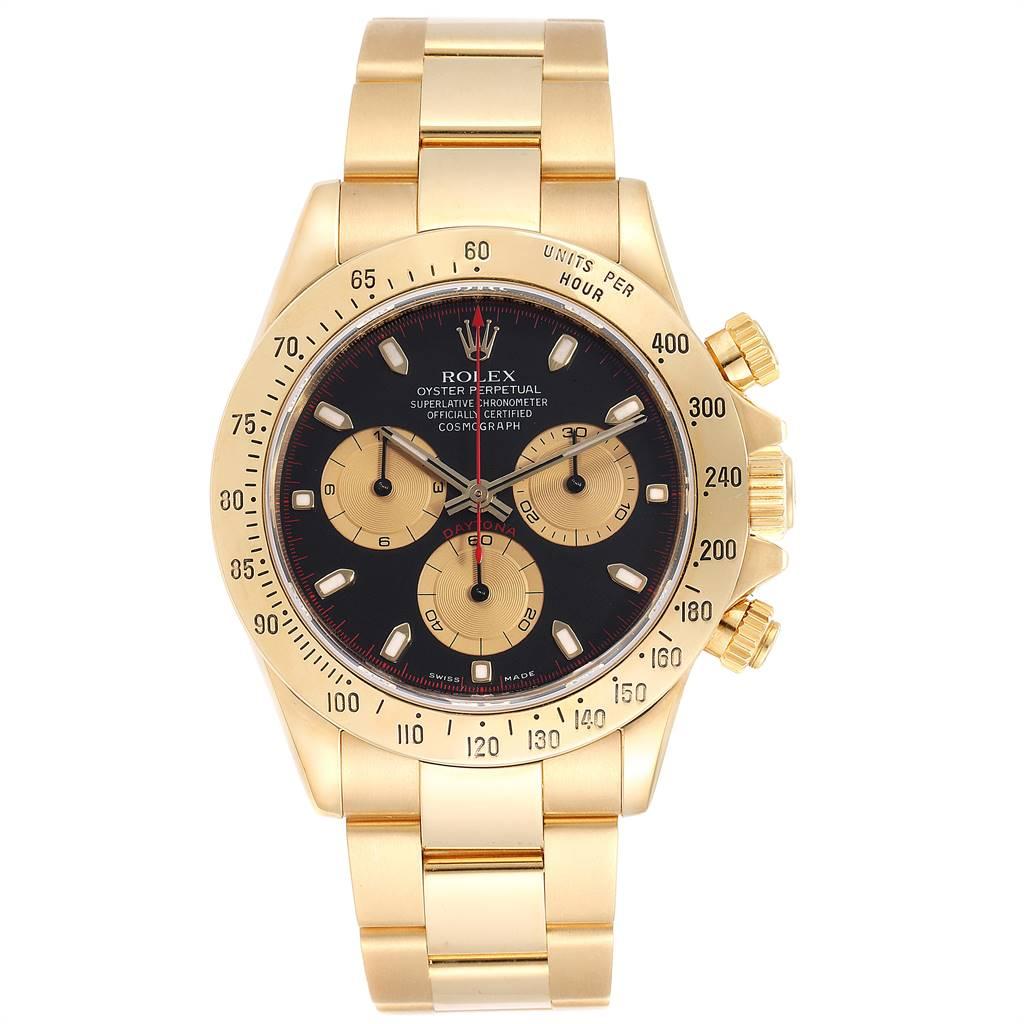 Rolex Cosmograph Daytona Yellow Gold Black Dial Mens Watch 116528. Officially certified chronometer self-winding movement. Rhodium-plated, oeil-de-perdrix decoration, straight line lever escapement, monometallic balance adjusted to 5 positions,