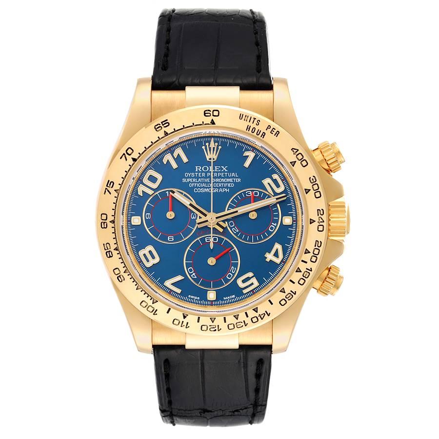 Rolex Cosmograph Daytona Yellow Gold Blue Dial Mens Watch 116518. Officially certified chronometer automatic self-winding movement. Chronograph function. 18K yellow gold case 40.0 mm in diameter.  Special screw-down push buttons. 18K yellow gold