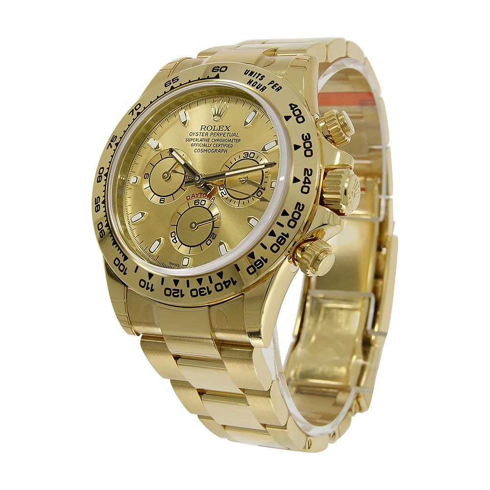 The all gold Rolex Daytona got a bezel upgrade that is sure to delight Rolex connoisseurs around the globe. The 116508 has a yellow gold case that is 40mm in diameter with a fixed, engraved tachymeter bezel in yellow gold. The case features a