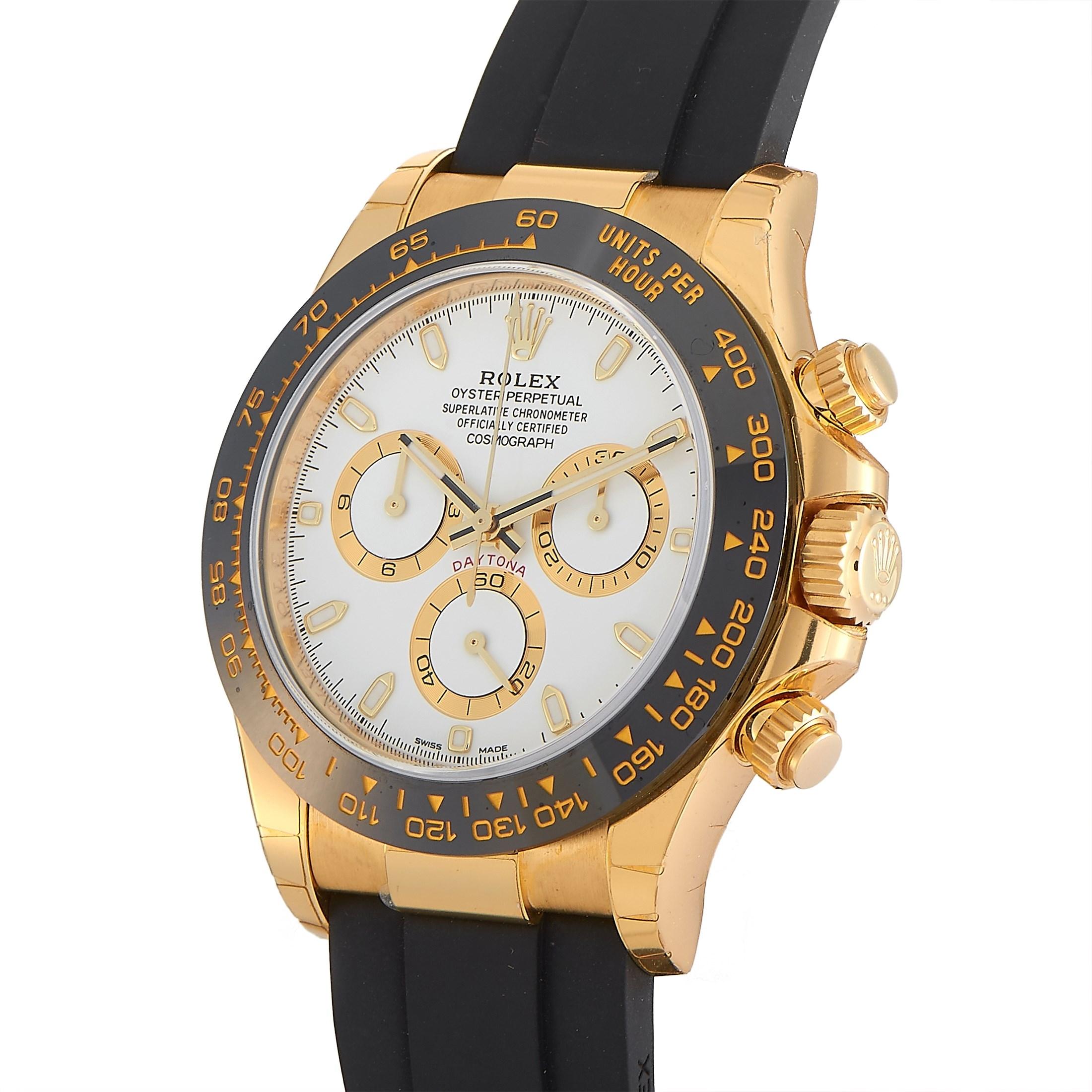 An iconic watch loved for its well-proportioned design. The Rolex Cosmograph Daytona Yellow Gold Oysterflex Watch 116518LN-0041 features a 40 mm round case in 18K yellow gold with black Cerachrom bezel engraved with a tachymetric scale Displaying
