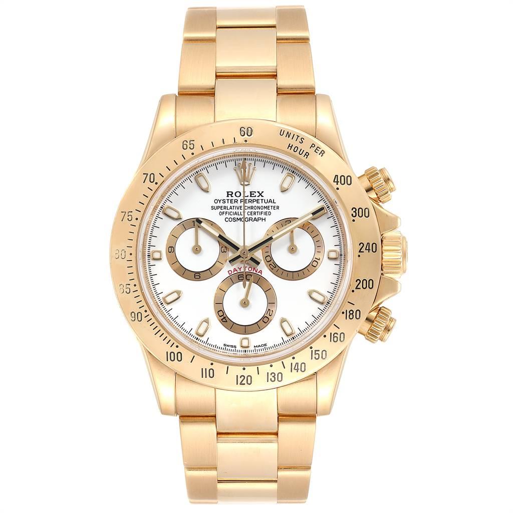 Rolex Cosmograph Daytona Yellow Gold White Dial Mens Watch 116528. Officially certified chronometer self-winding movement. Rhodium-plated, oeil-de-perdrix decoration, straight line lever escapement, monometallic balance adjusted to 5 positions,