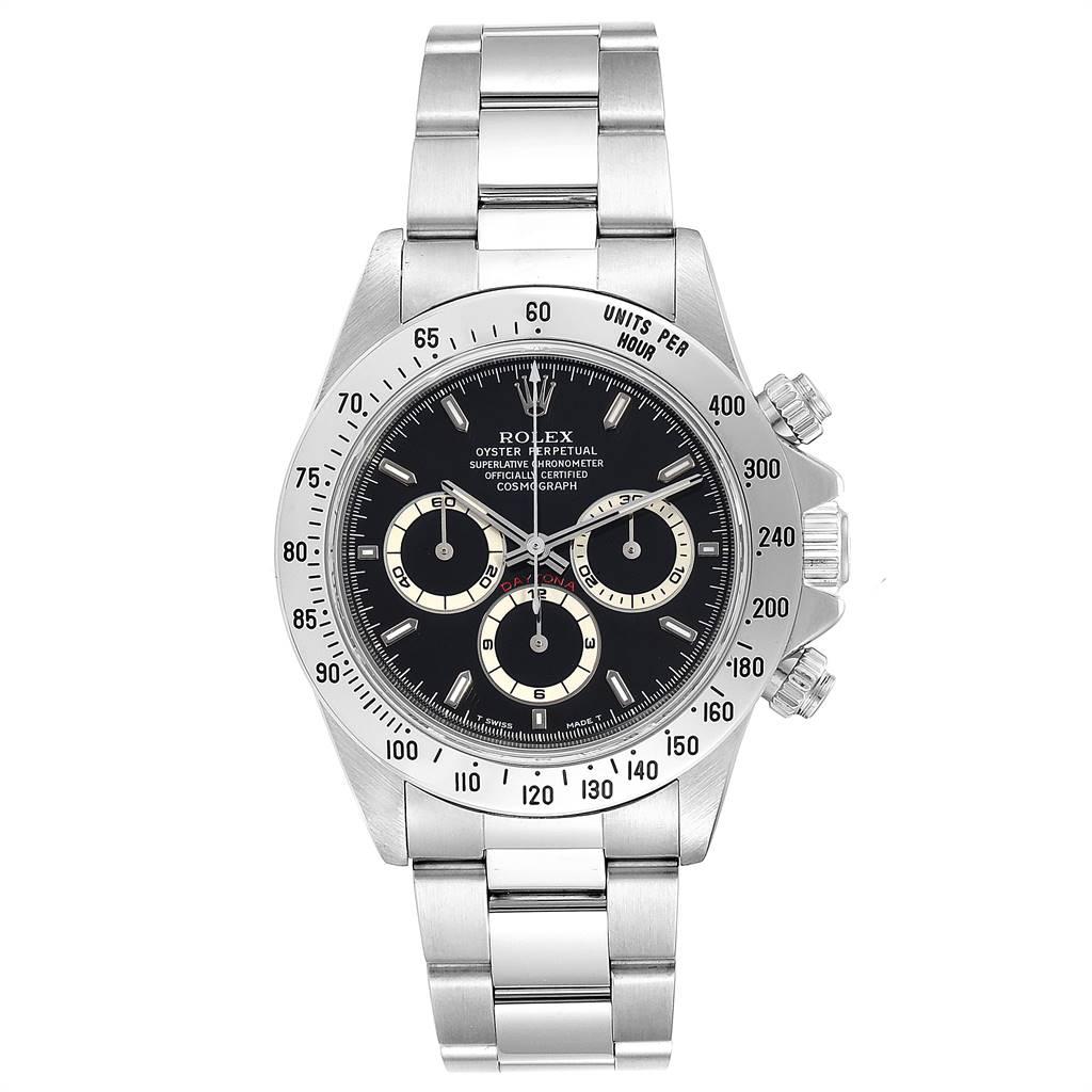 Rolex Cosmograph Daytona Zenith Movement Mens Watch 16520 Box Papers . Zenith authomatic self-winding chronograph movement. Stainless steel case 40.0 mm in diameter. Screw back, screw down crown, two round screw down chronograph buttons in the band.