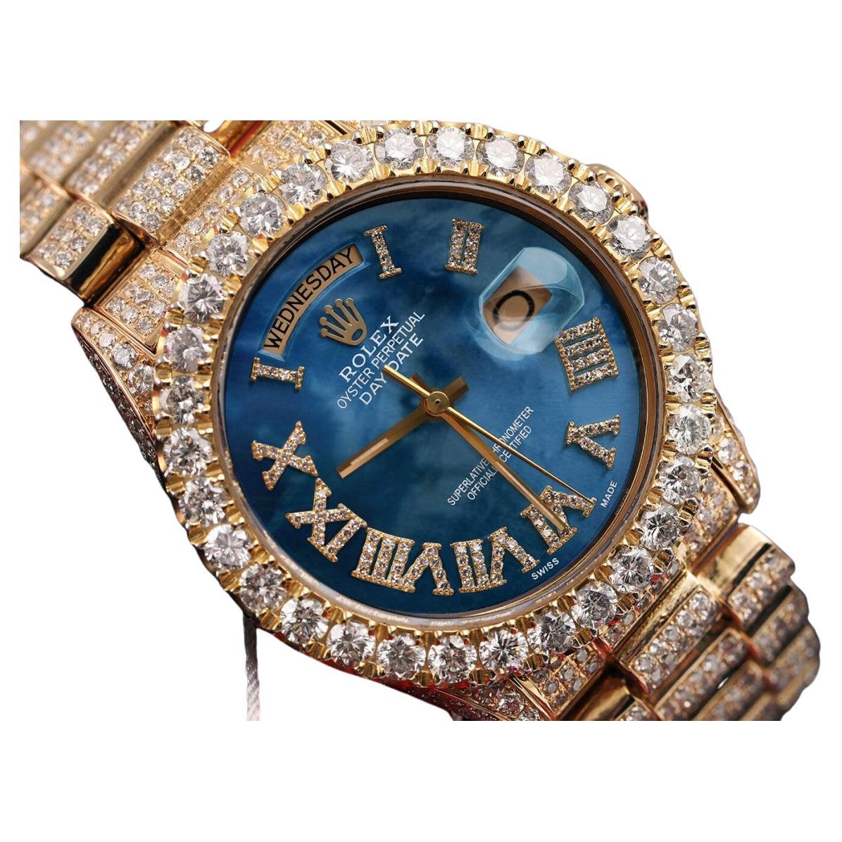 Rolex Montre jour-date personnalisée en diamants et perles bleues avec cadran romain en diamants 18038 en vente